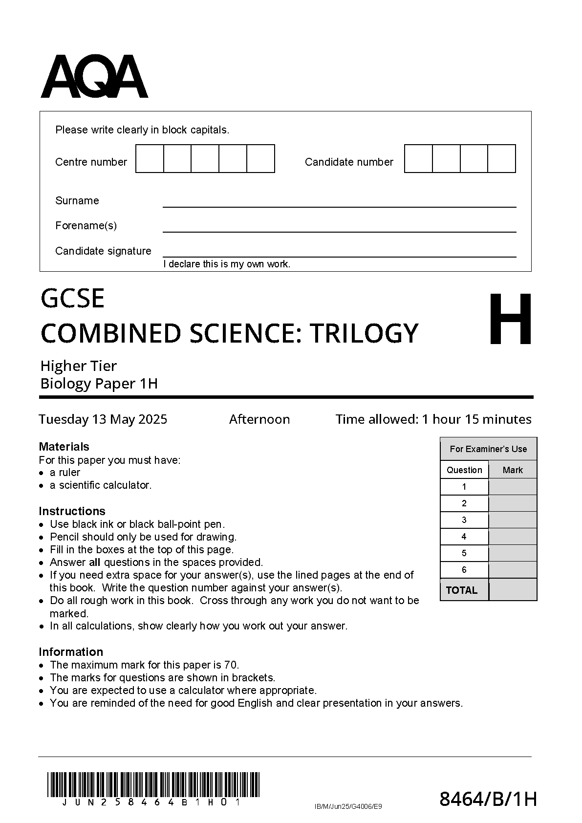 AQA GCSE Trilogy Biology 1H 2025 Question Paper PDF IMG-1