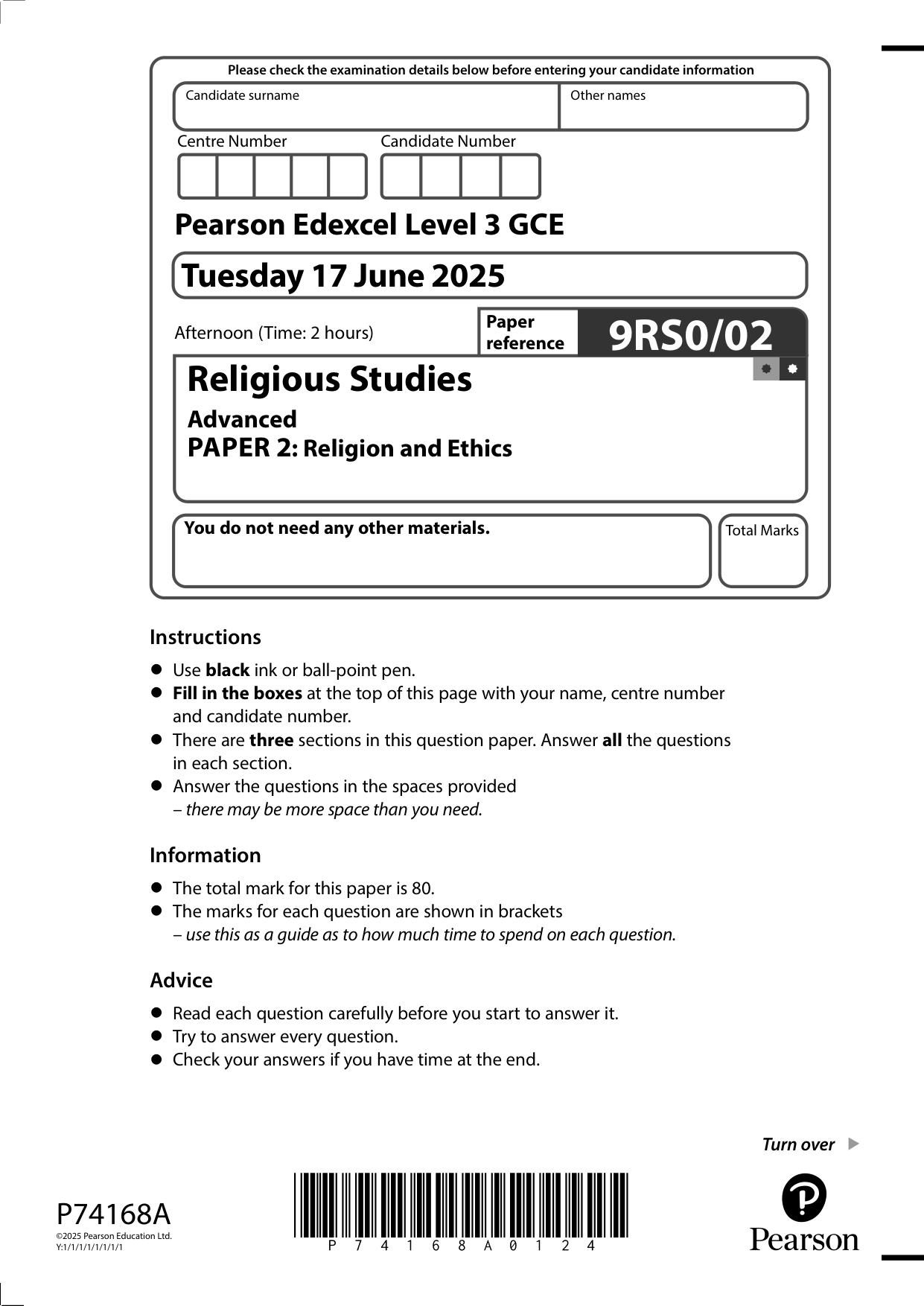 Pearson Edexcel A Level Religious Studies Paper 2 2025 QP