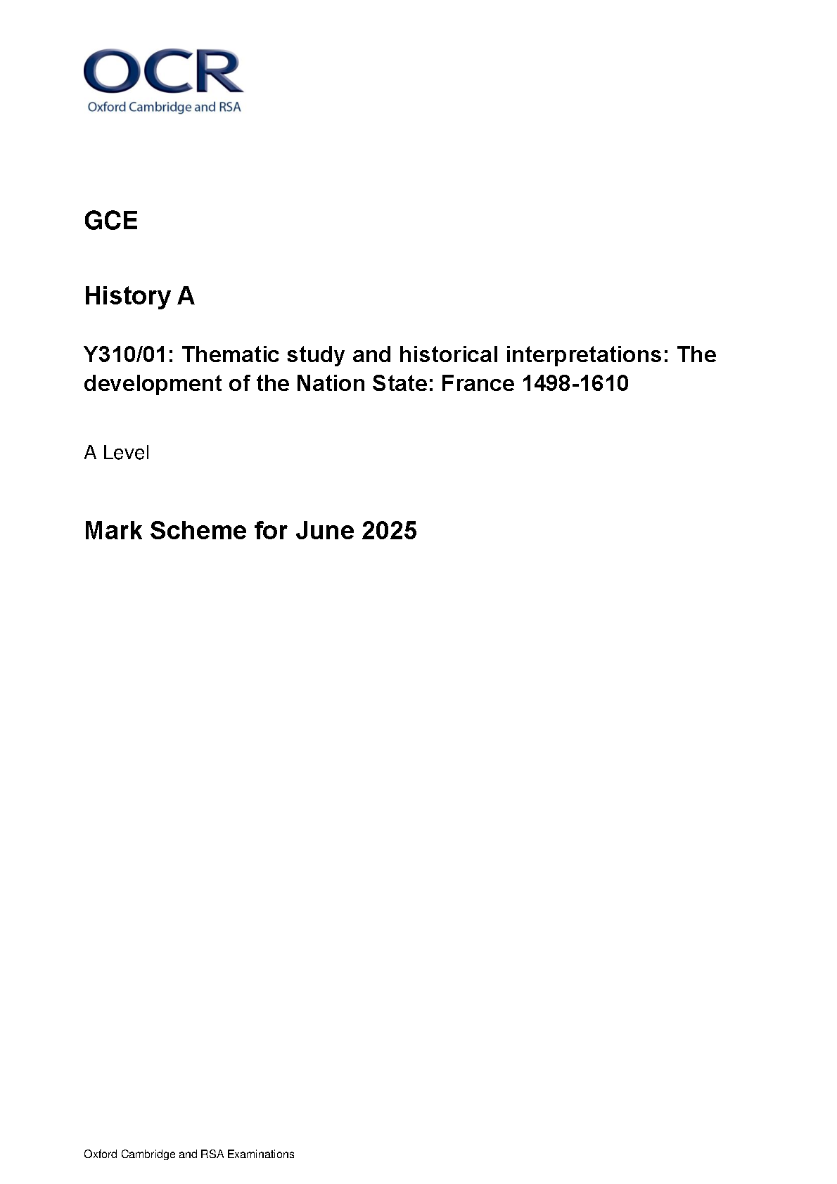 OCR A Level History A Nation State France 2025 Mark Scheme IMG-1