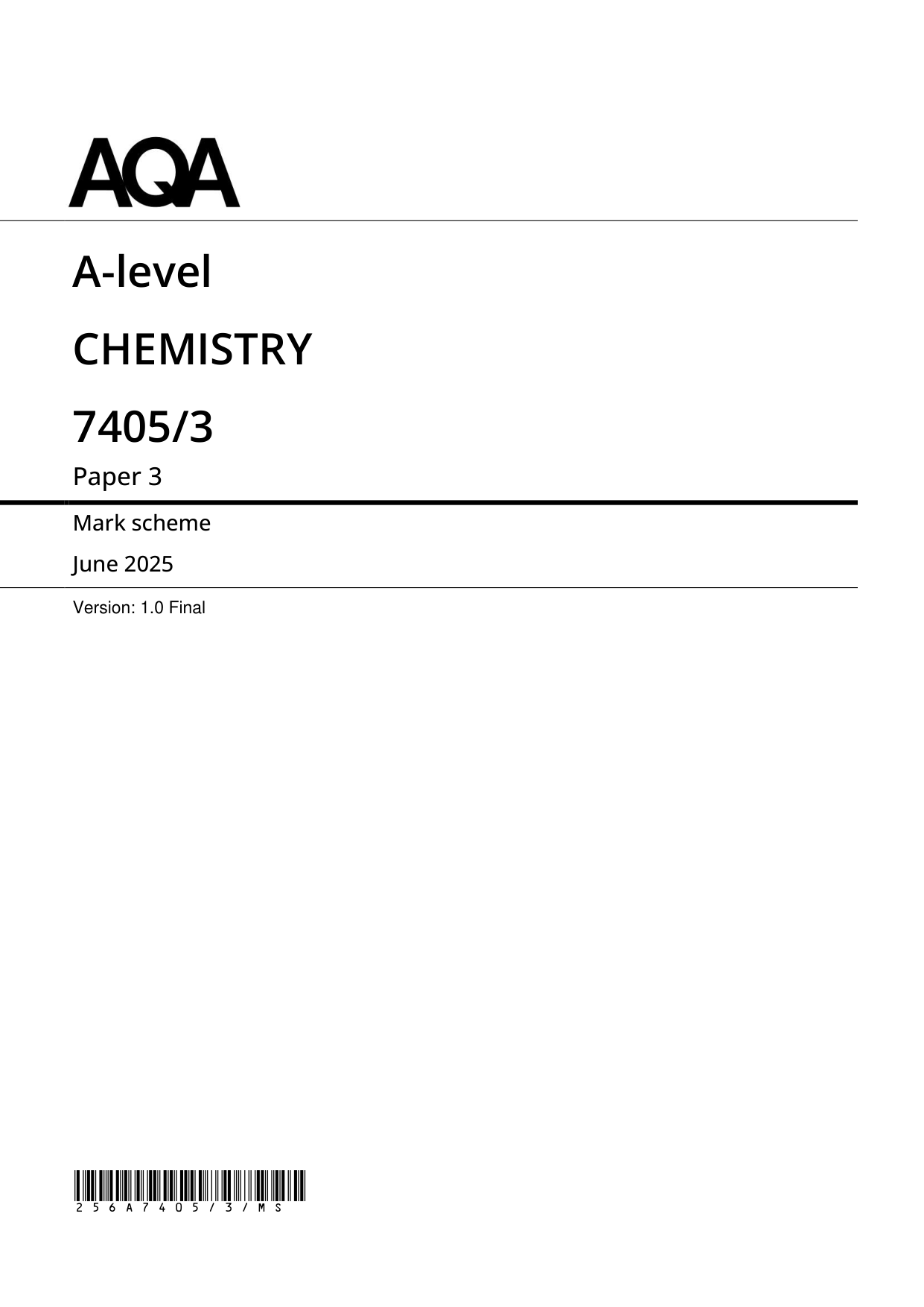 AQA A Level Chemistry Paper 3 2025 Mark Scheme PDF