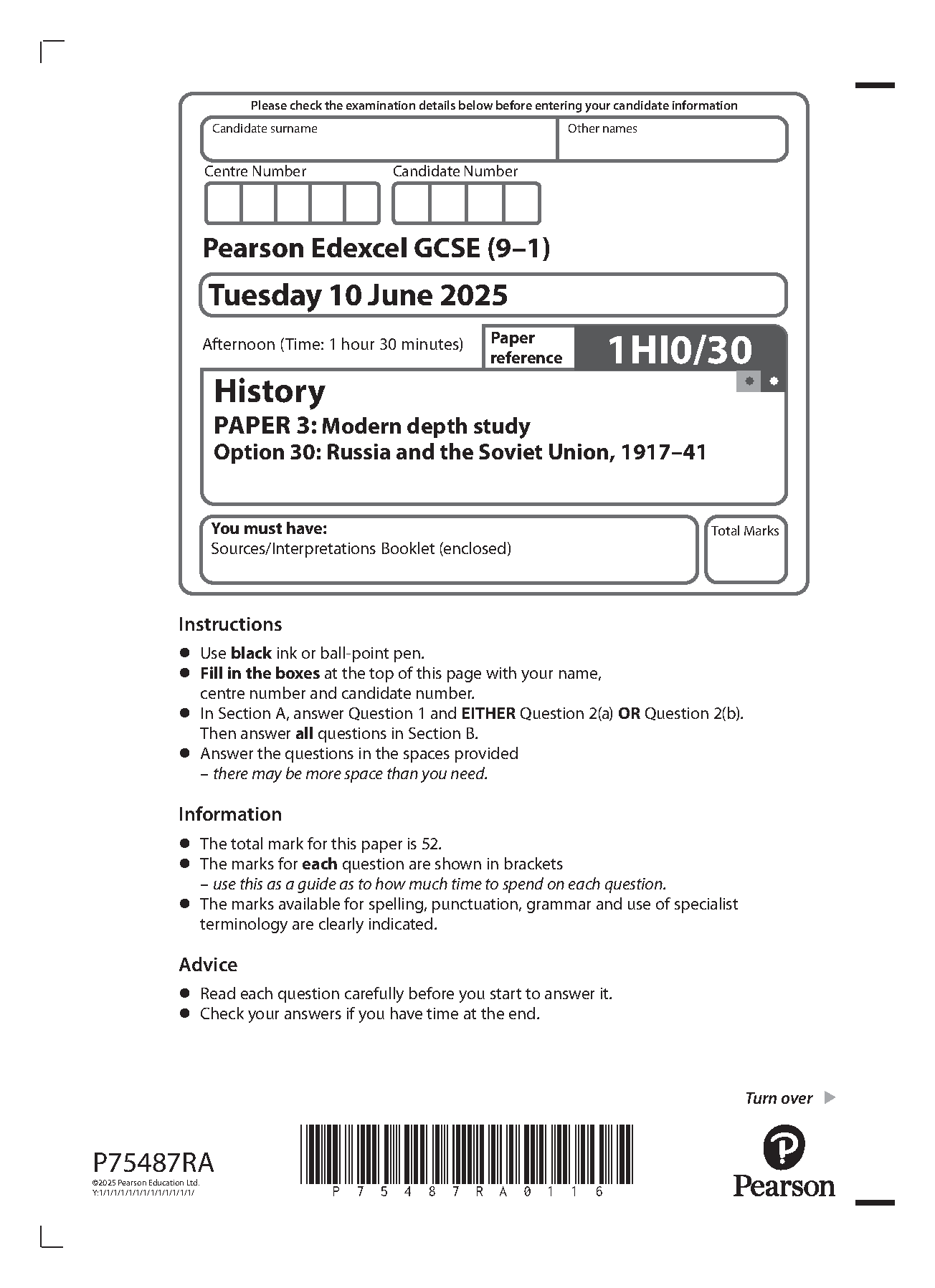 Pearson Edexcel GCSE History  Paper 3 Option 30  2025 QP IMG-1