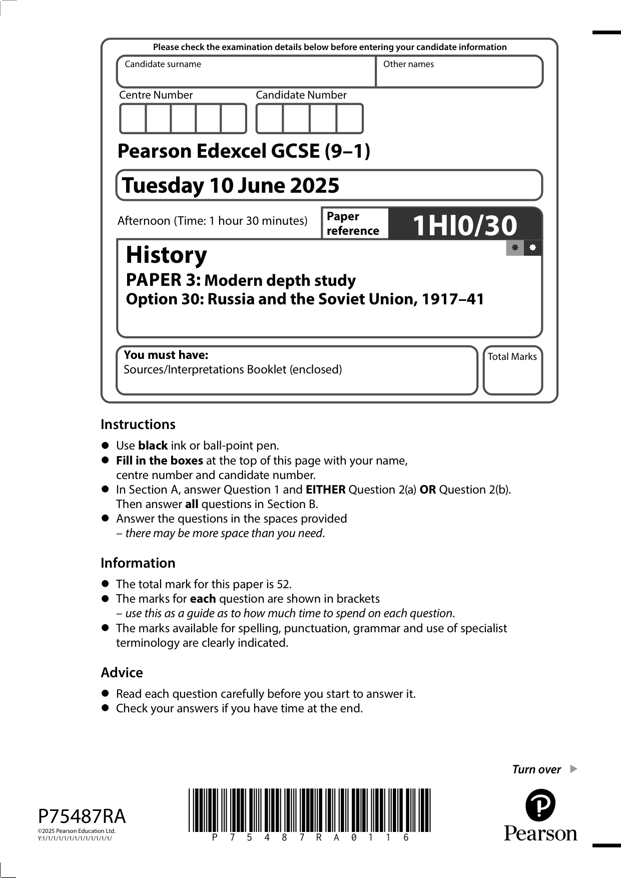 Pearson Edexcel GCSE History  Paper 3 Option 30  2025 QP