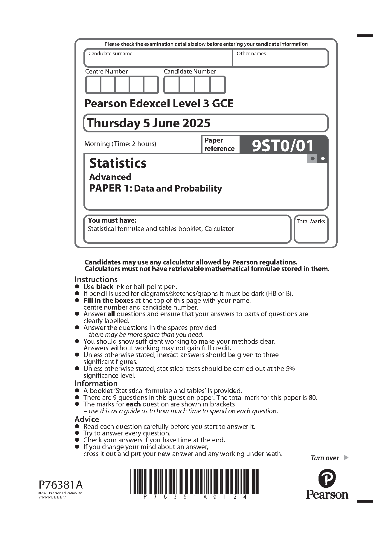 Pearson Edexcel A Level Statistics Paper 1 2025 QP IMG-1