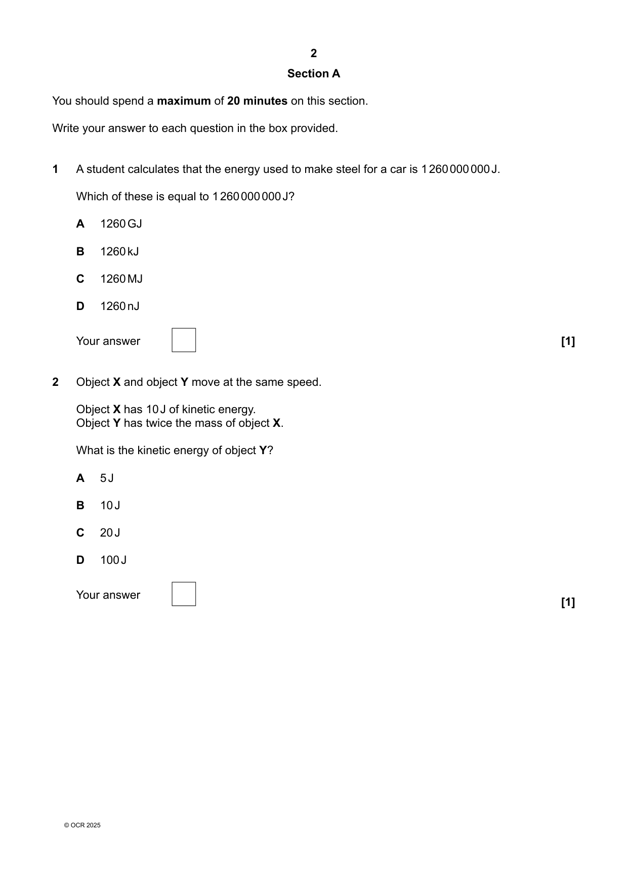 OCR GCSE Combined Science Physics Paper 12 2025 QP
