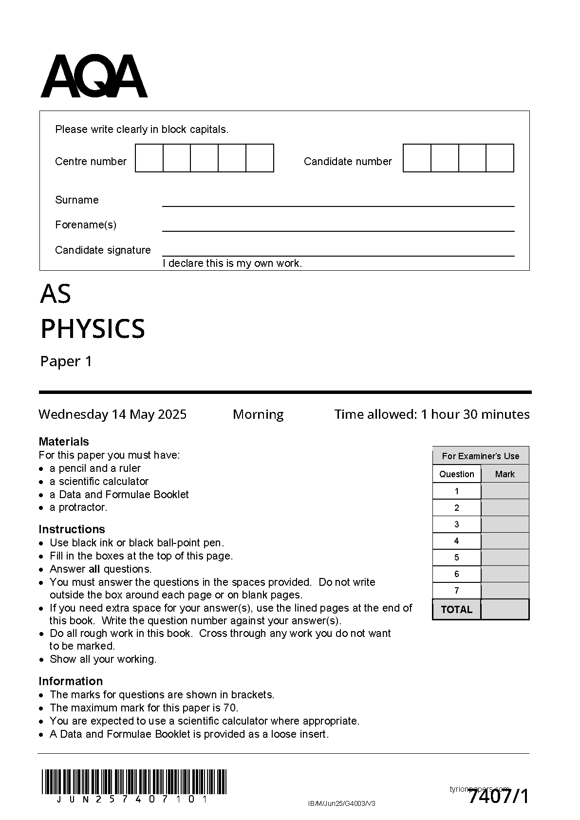 AQA AS Physics Paper 1 2025 Question Paper