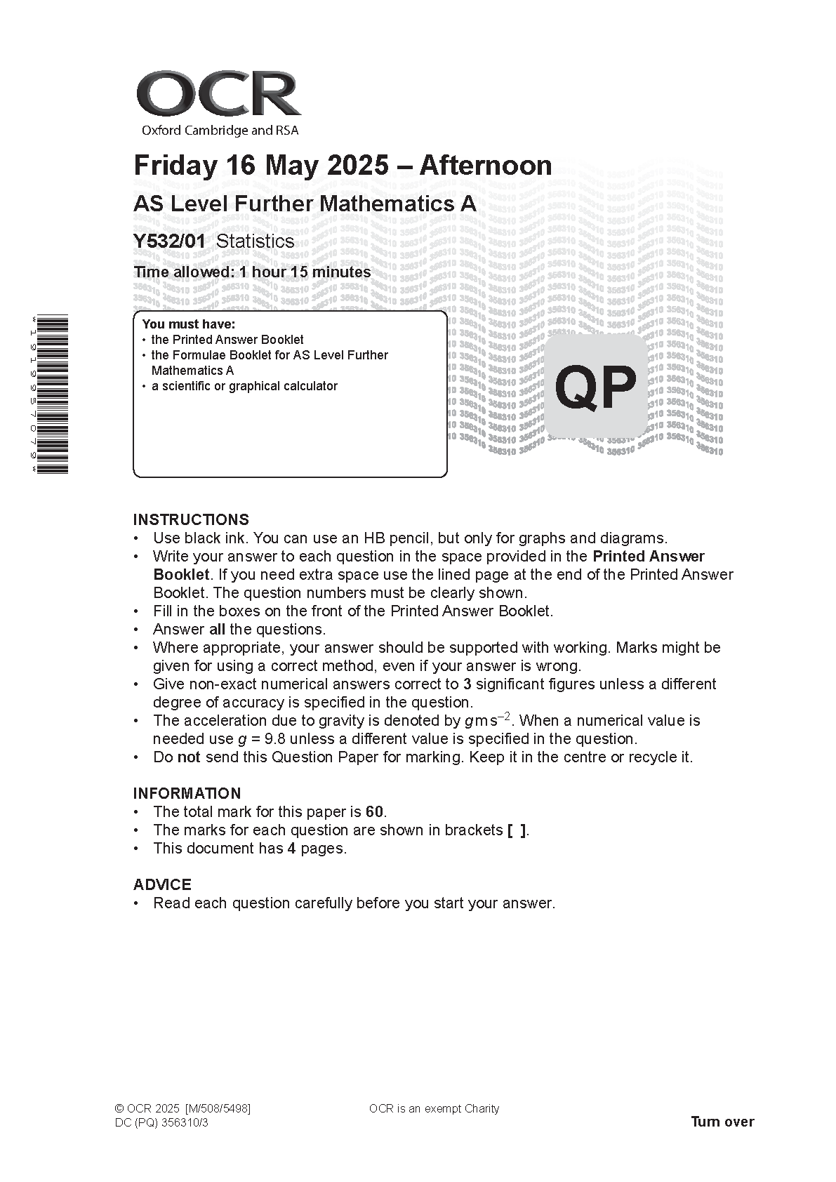 OCR AS Further Mathematics A Statistics Paper 1 2025 QP IMG-1