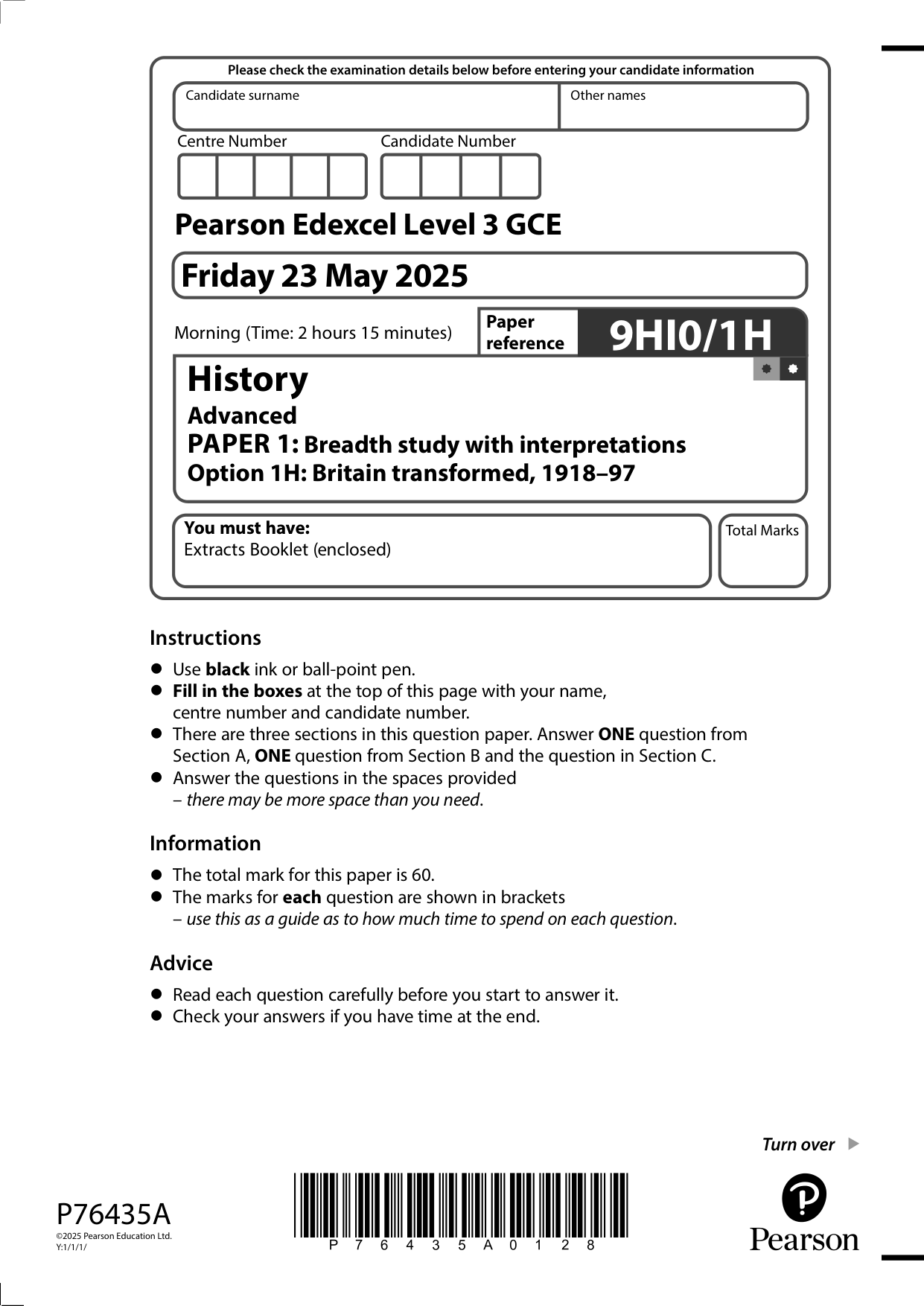 Pearson Edexcel A Level History Paper 1H 2025 QP PDF