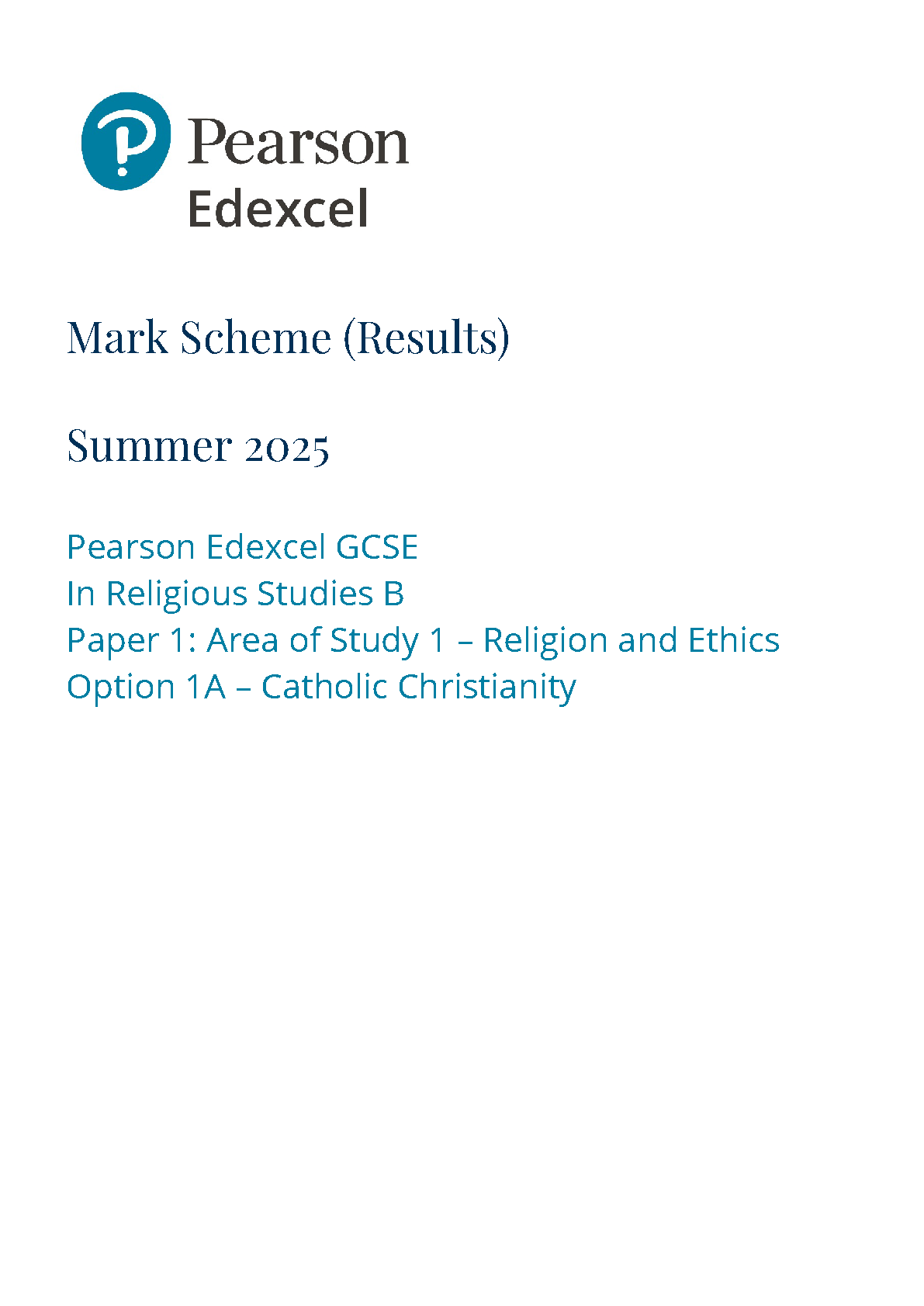 Pearson Edexcel GCSE Religious Studies B Paper 1A 2025 MS
