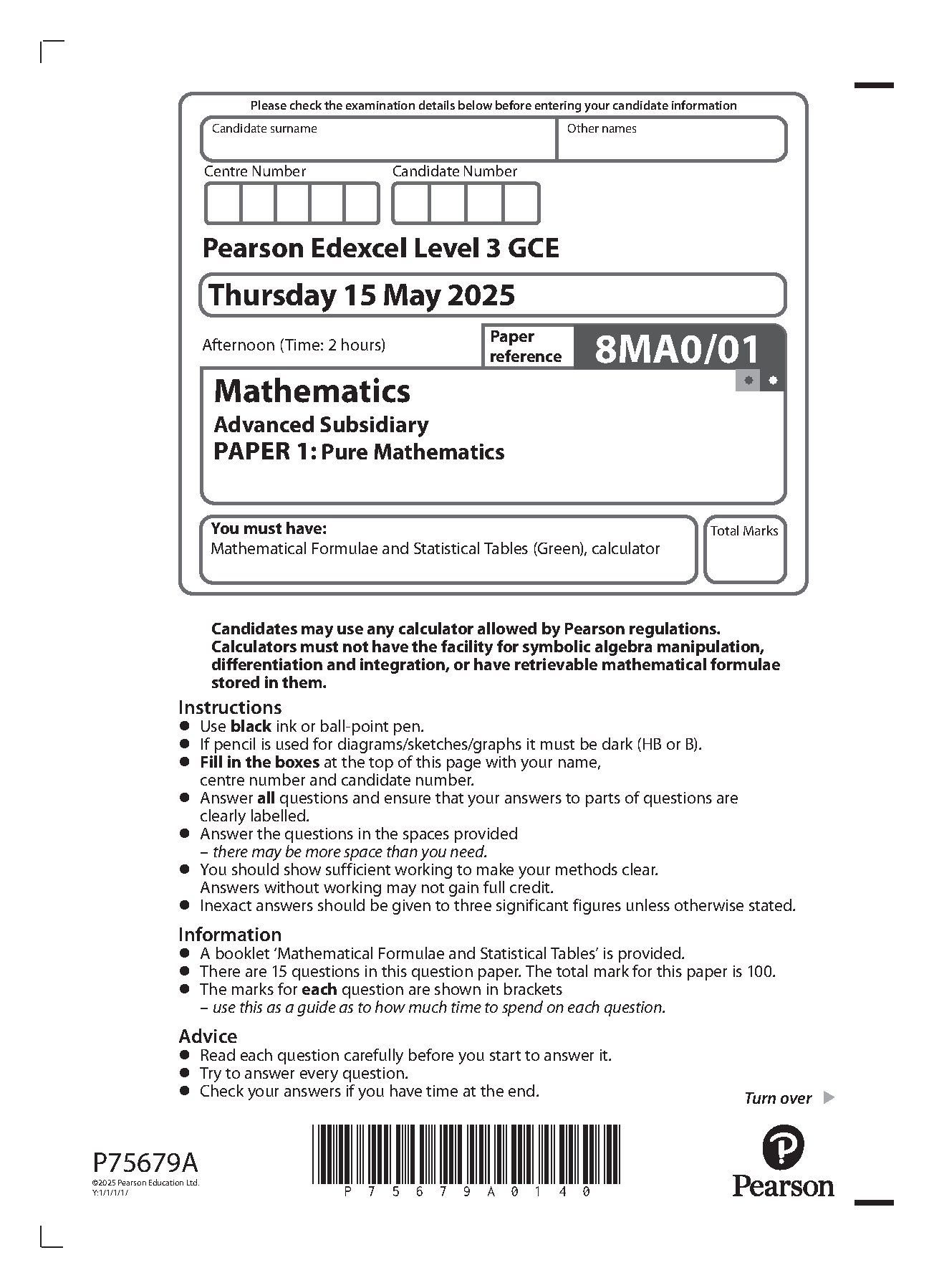 Pearson Edexcel AS Mathematics Paper 1 2025 Question Paper IMG-1