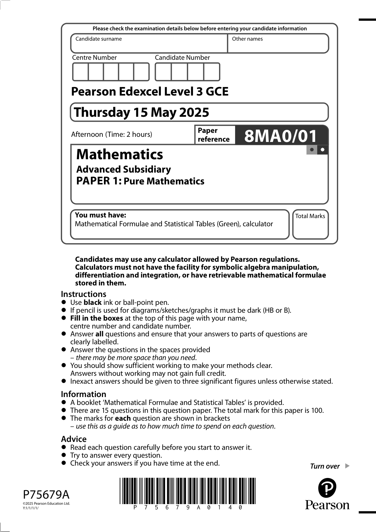 Pearson Edexcel AS Mathematics Paper 1 2025 Question Paper