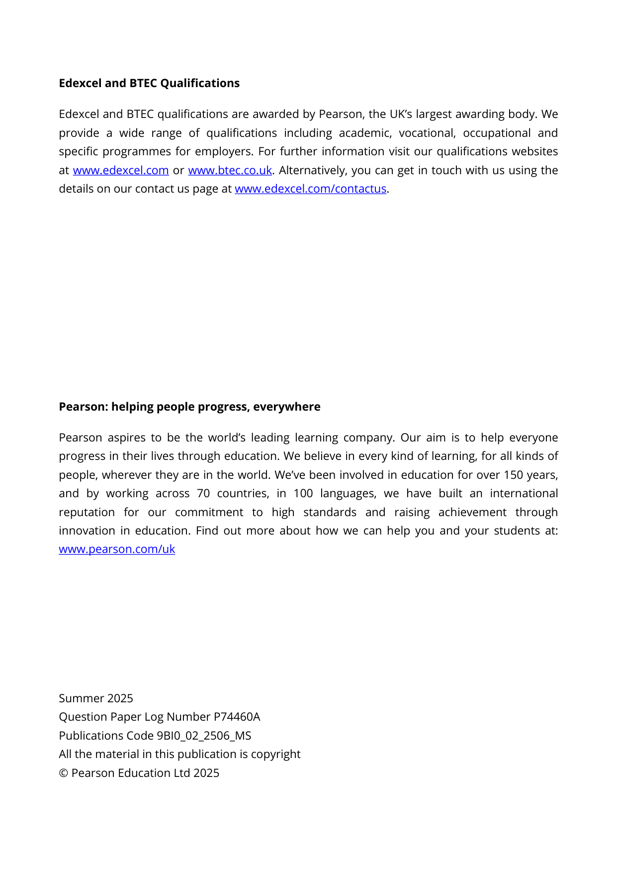 Pearson Edexcel A Level Biology B Paper 2 2025 Mark scheme
