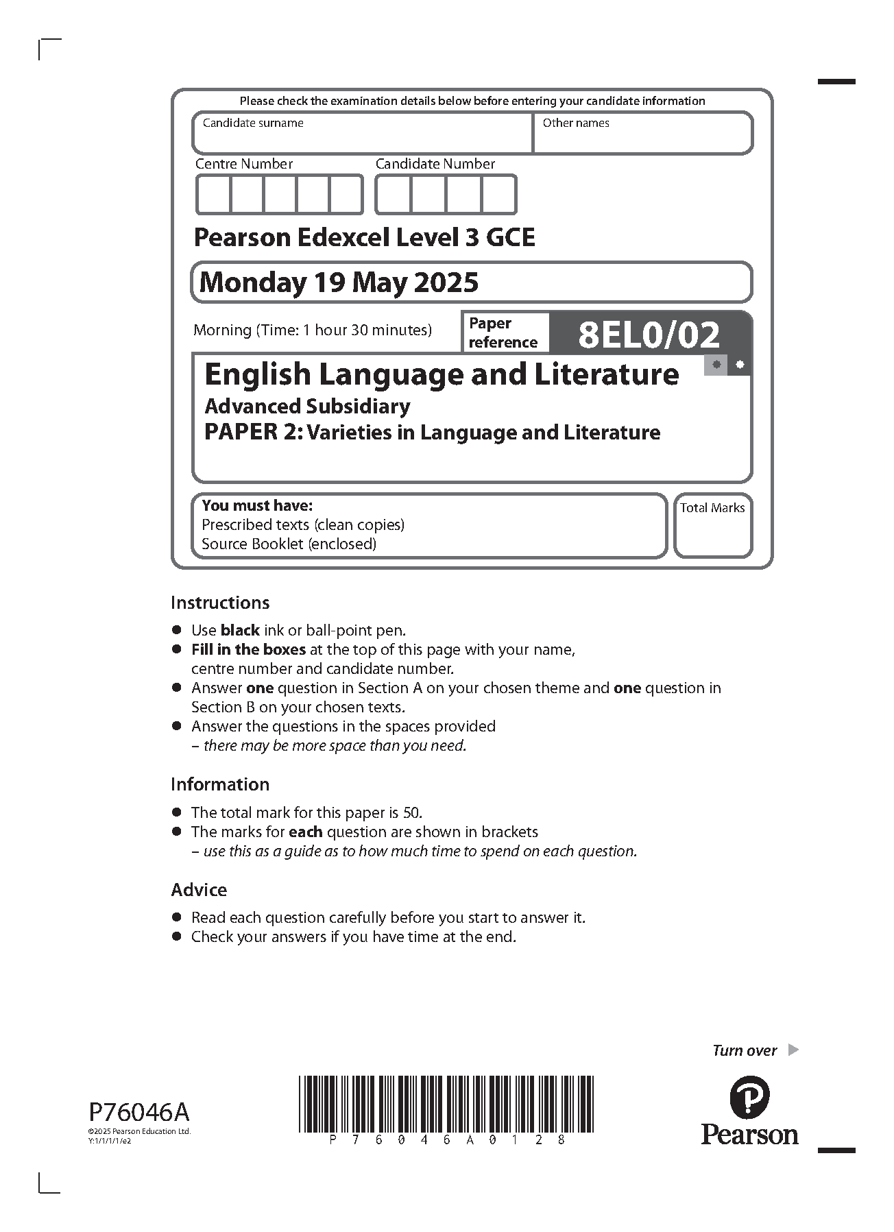 Pearson Edexcel AS English Language and Literature Paper 2QP IMG-1