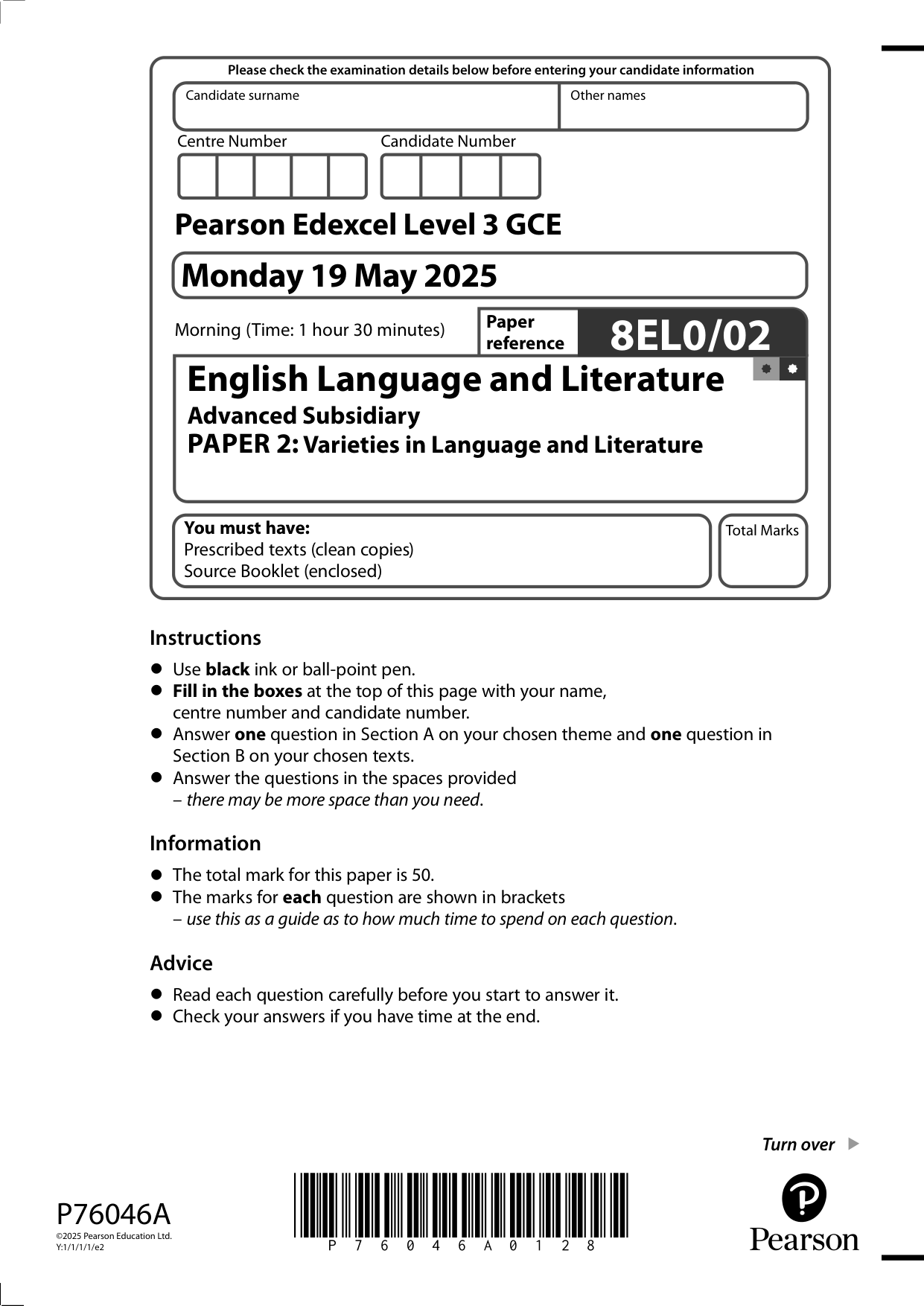 Pearson Edexcel AS English Language and Literature Paper 2QP