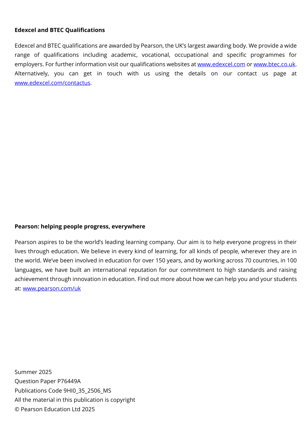 Pearson Edexcel A Level History Paper 35 2025 Mark Scheme