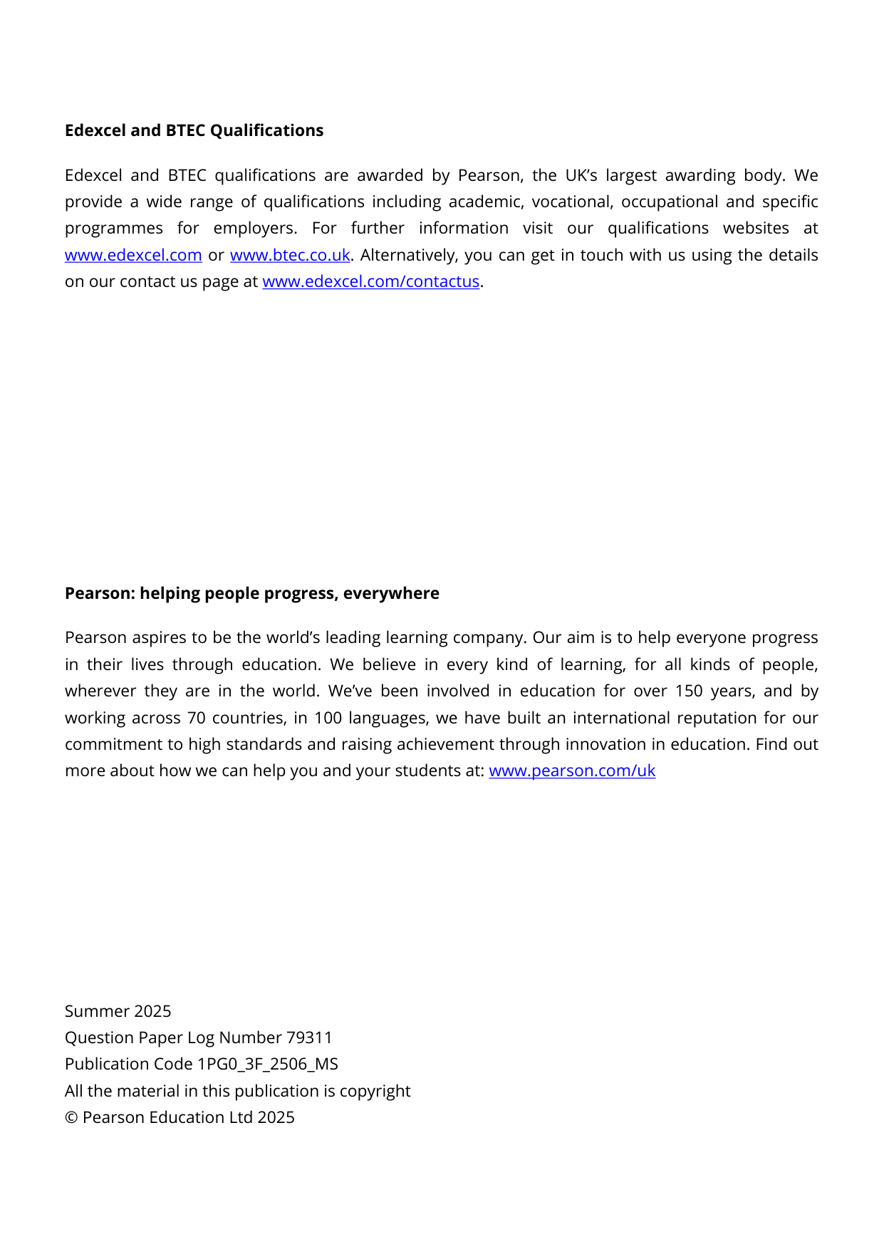 Pearson Edexcel GCSE Portuguese Paper 3F 2025 Mark Scheme