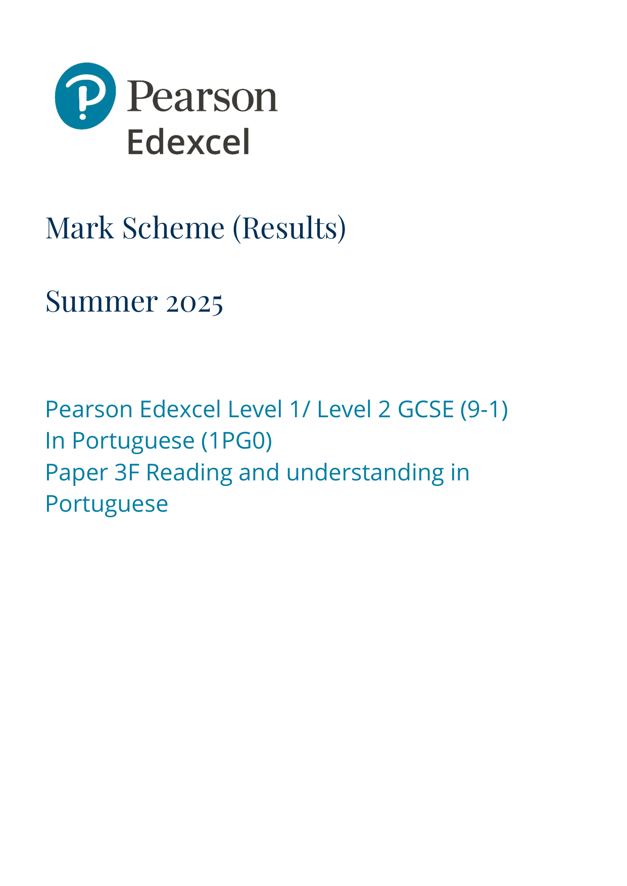 Pearson Edexcel GCSE Portuguese Paper 3F 2025 Mark Scheme