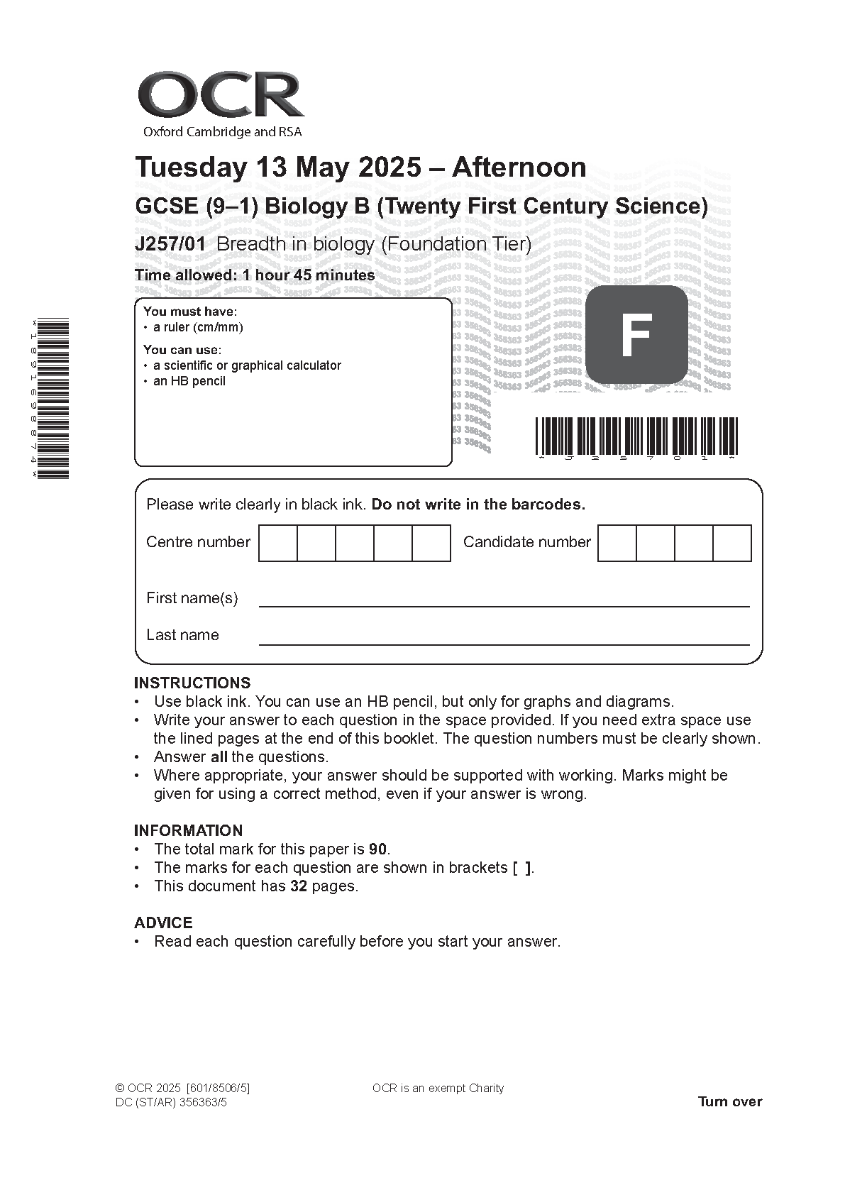 OCR GCSE Biology B Paper 1 2025 Foundation Tier PDF IMG-1
