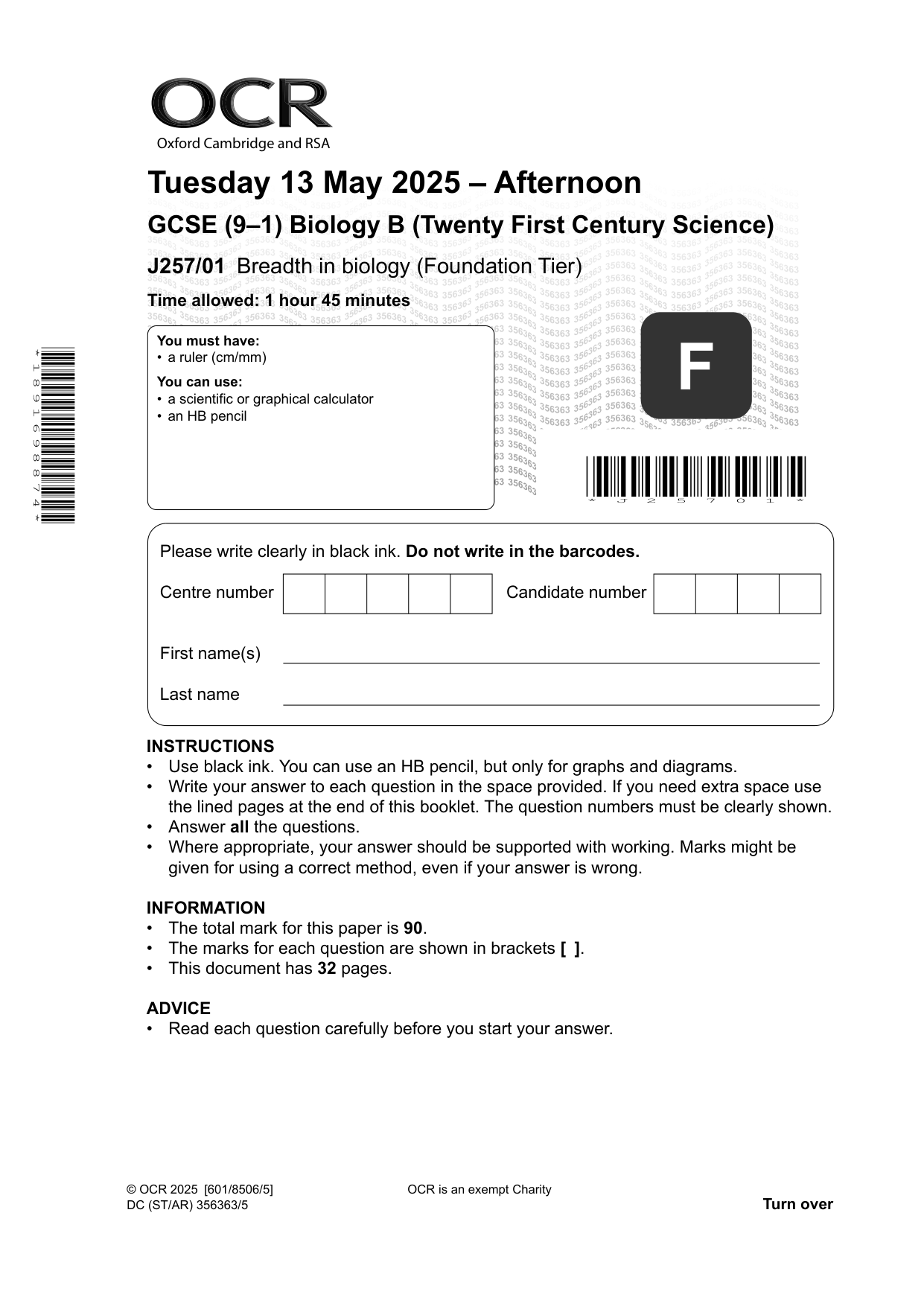 OCR GCSE Biology B Paper 1 2025 Foundation Tier PDF