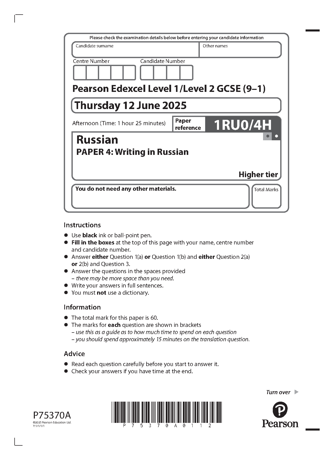 Pearson Edexcel GCSE Russian Paper 4H 2025 Question Paper IMG-1