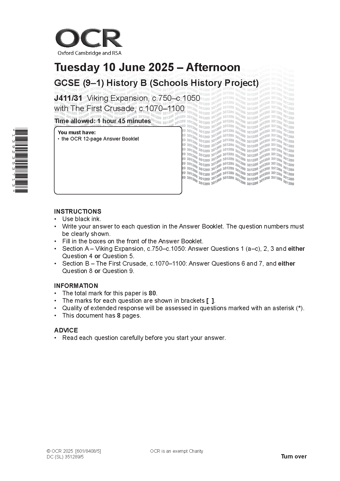 OCR GCSE History Paper 31 2025 Question Paper
