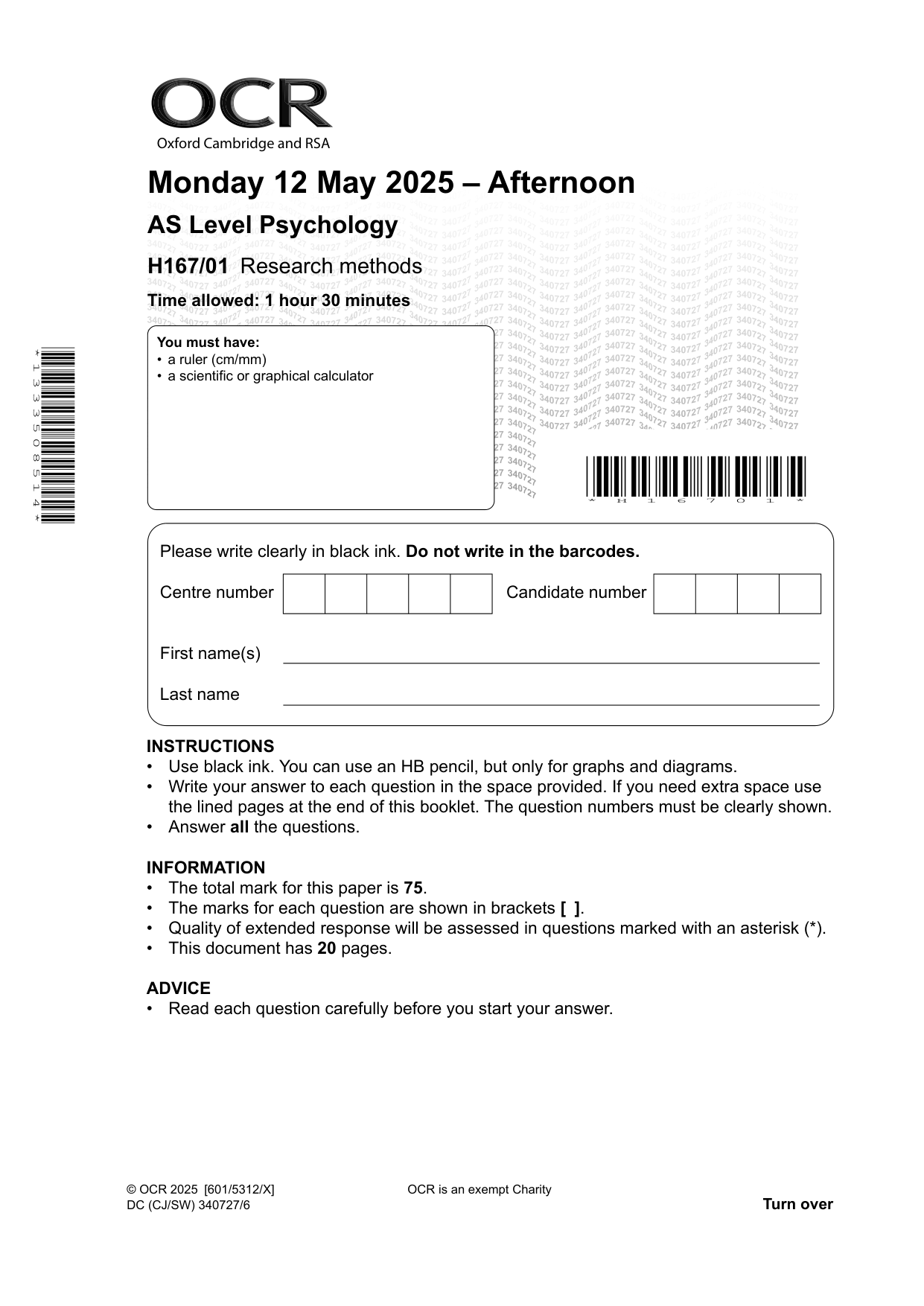 OCR AS Psychology  2025 Paper 1 Question Paper