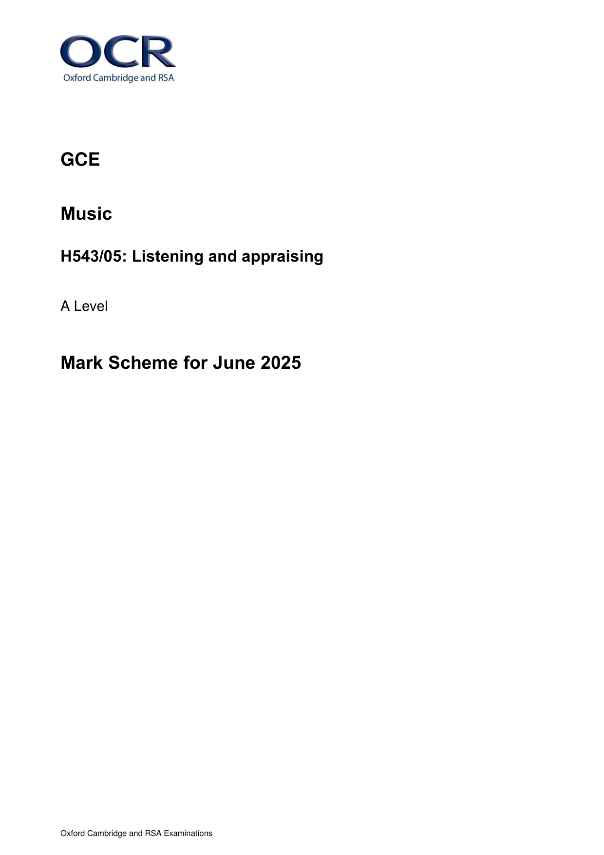 OCR A Level Music Paper 5 2025 Mark Scheme PDF
