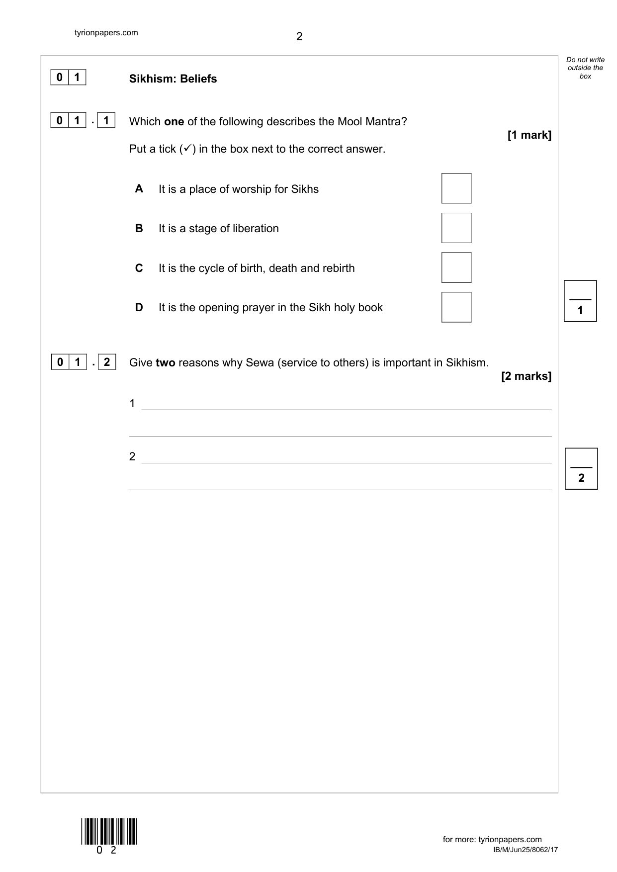 AQA GCSE Religious Studies A paper 1 2025 Question Paper