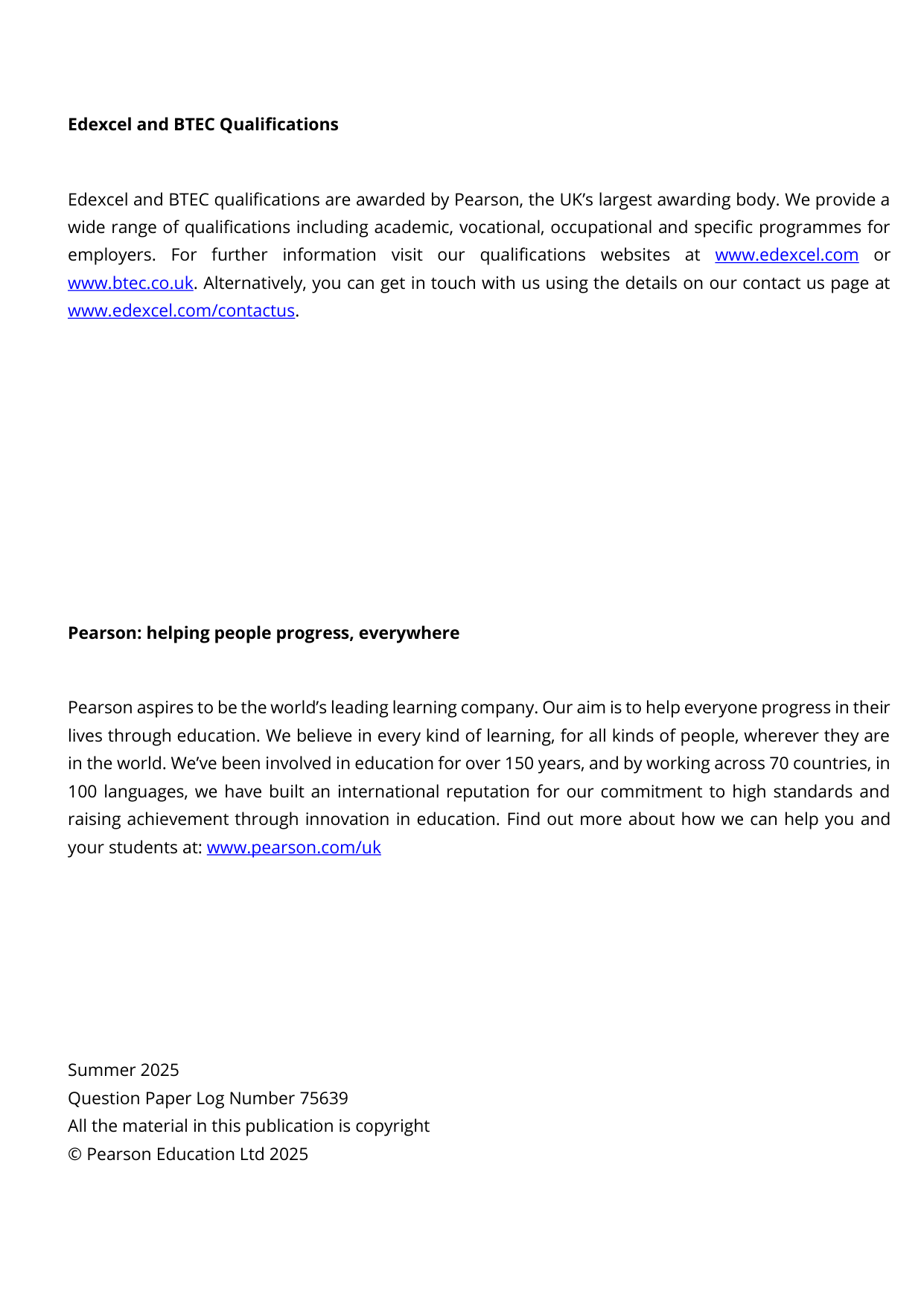 Pearson Edexcel GCSE Combined Science Paper 6  2025 MS