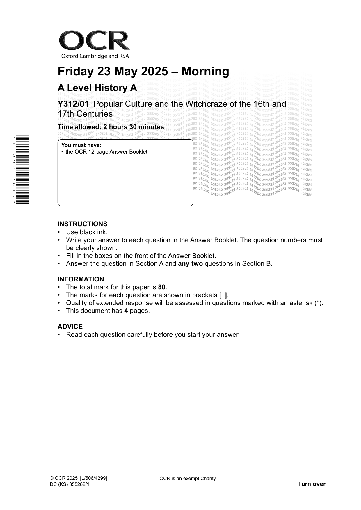 OCR A Level History A Popular Culture 2025 Question Paper