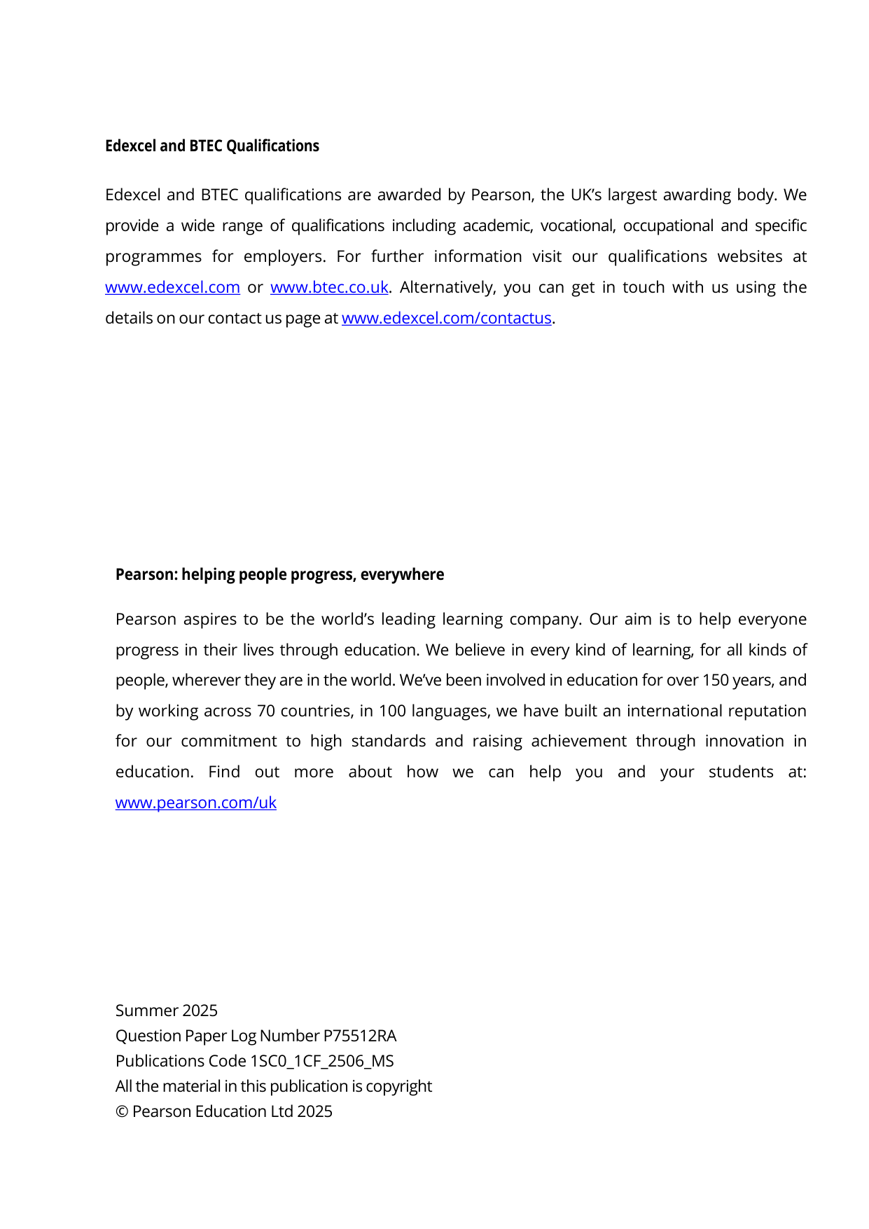 Pearson Edexcel GCSE Combined Science 2025 Paper 2 MS