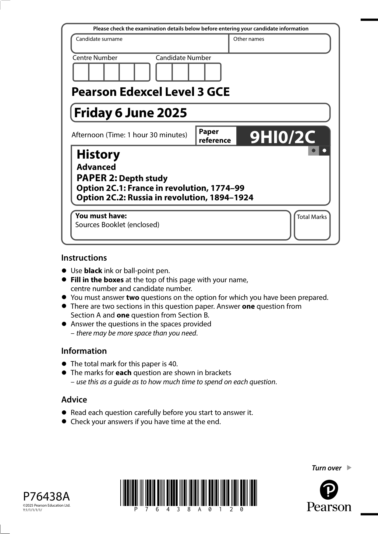Pearson Edexcel A Level History Paper 2C 2025 QP PDF