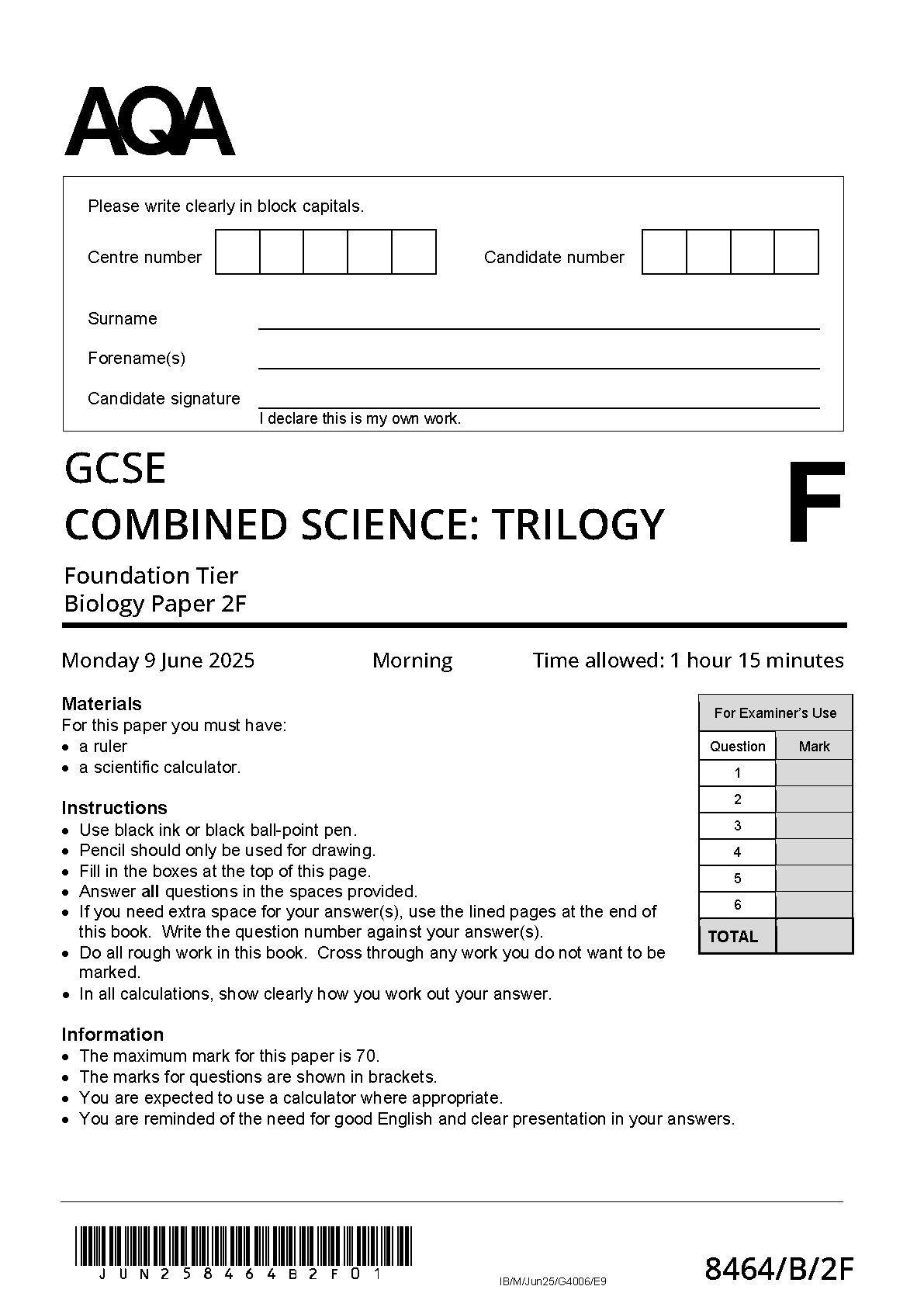 AQA GCSE Trilogy Biology 2F 2025 Question Paper PDF IMG-1