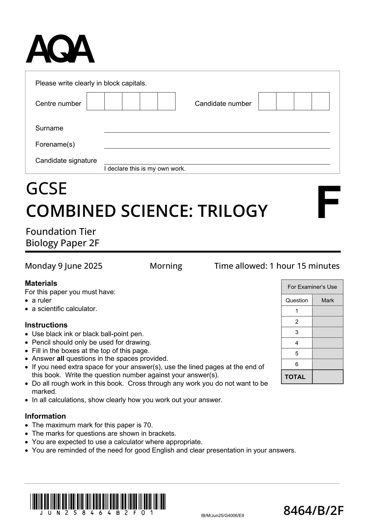 AQA GCSE Trilogy Biology 2F 2025 Question Paper PDF