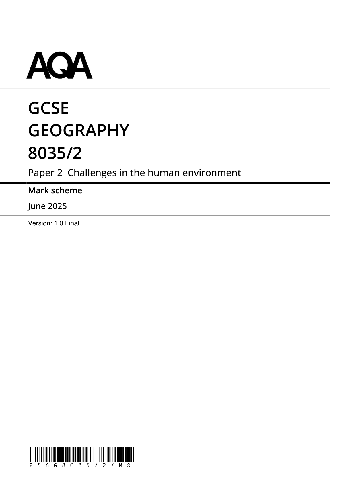 AQA GCSE Geography Paper 2 2025 Mark Scheme