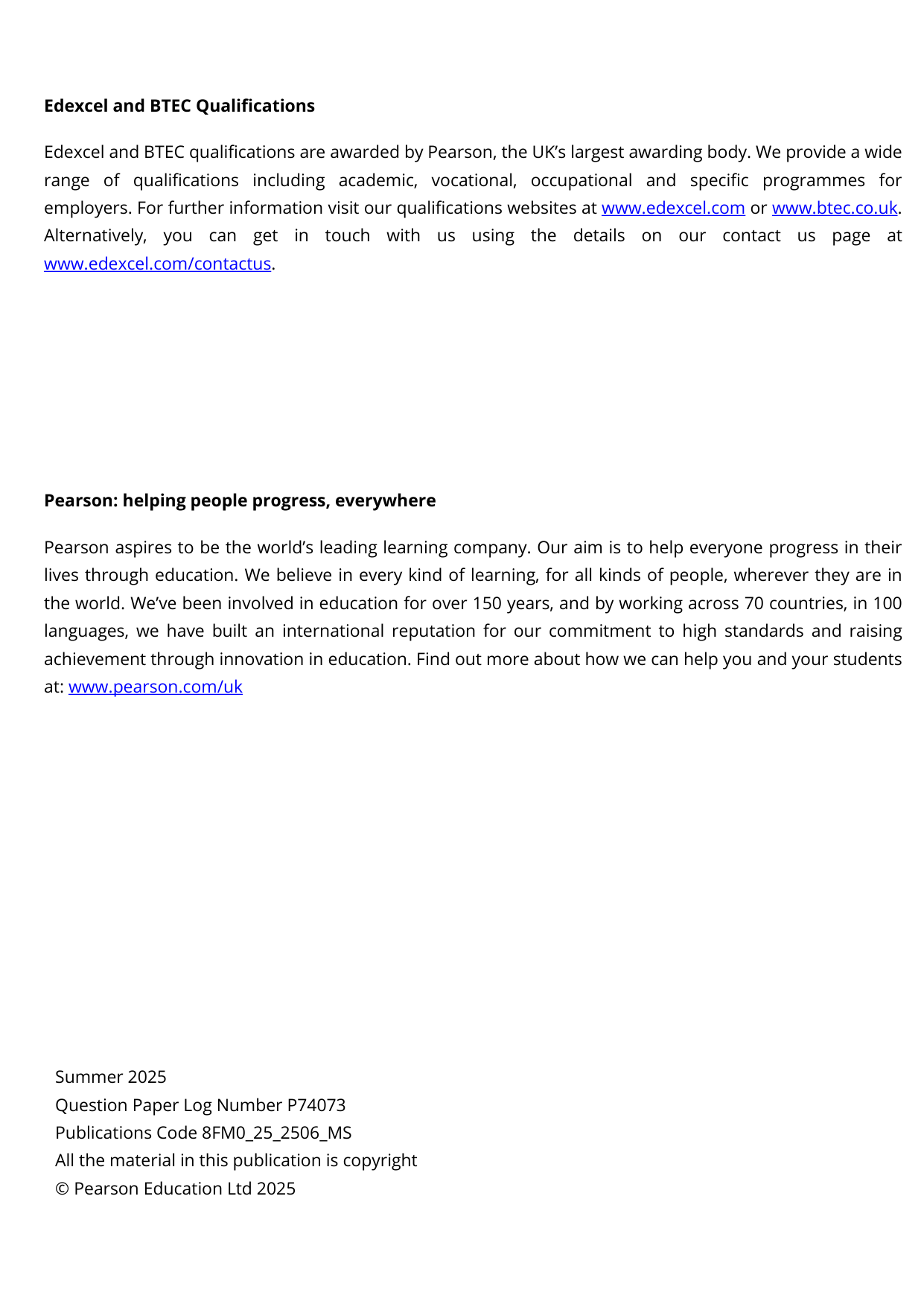 Pearson Edexcel AS Further Mathematics Paper 25 2025 Ms