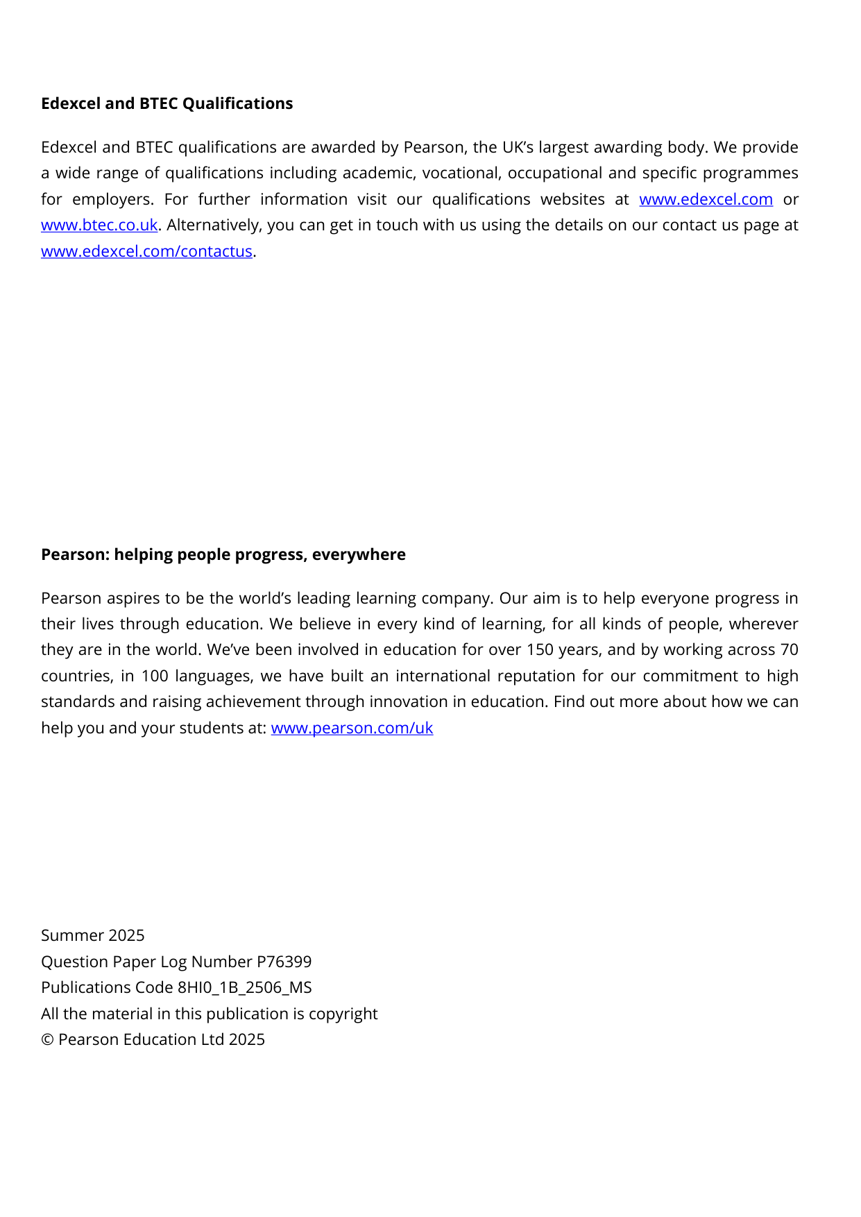 Pearson Edexcel AS History Paper 1B 2025 Mark Scheme PDF