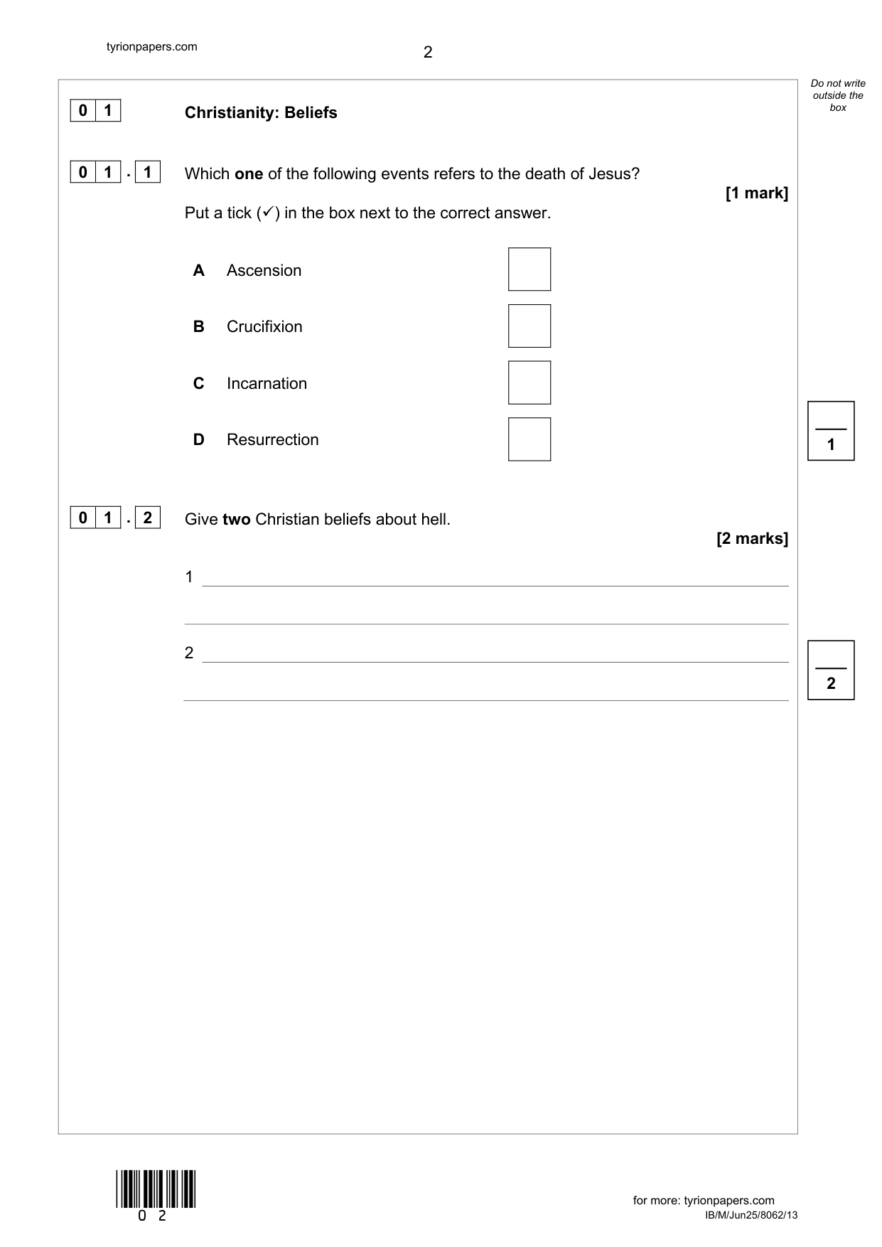 AQA GCSE Religious Studies A Paper 1 Christianity 2025 Q P