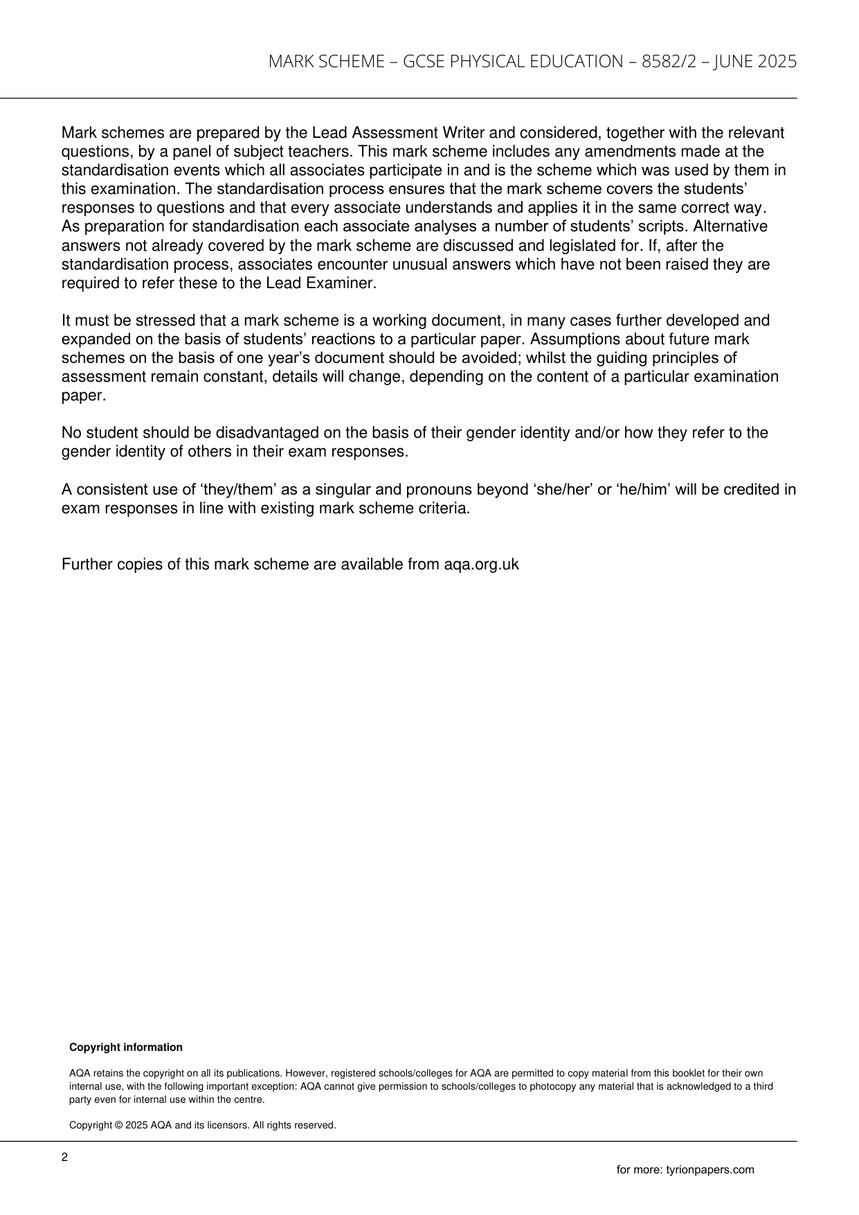 AQA GCSE Physical Education Paper 2 2025 MS PDF