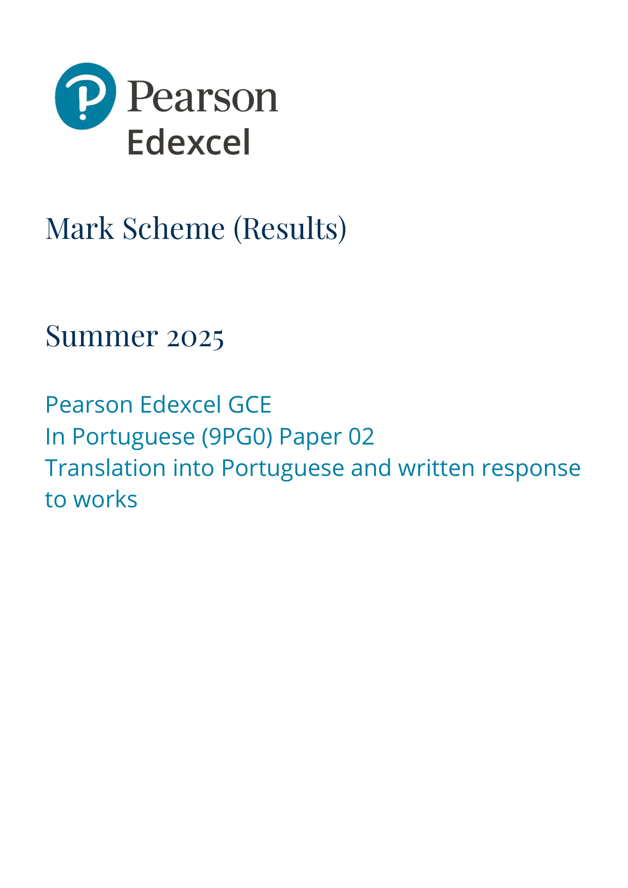 Pearson Edexcel A Level Portuguese 2025 Paper 2 Mark Scheme