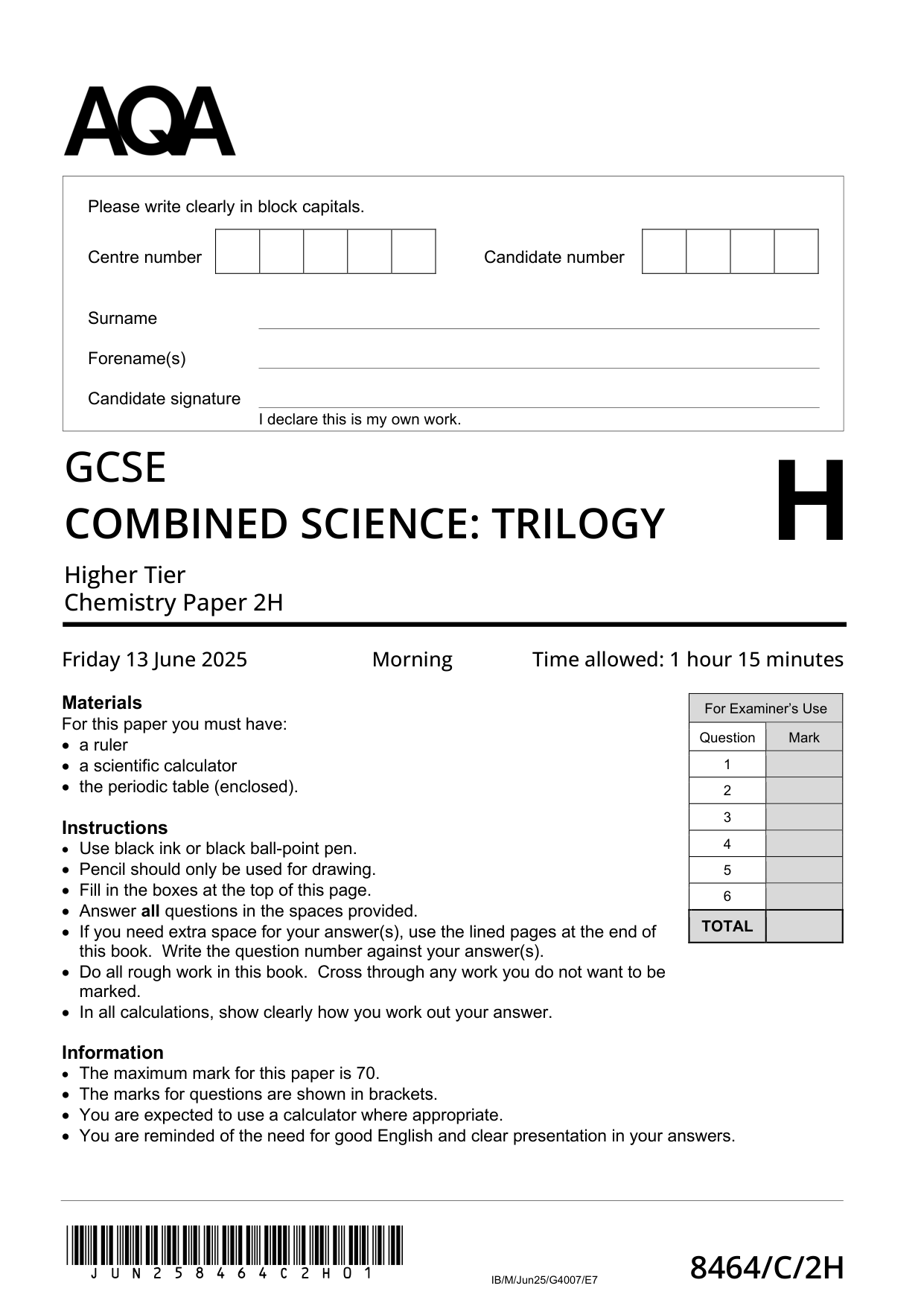AQA GCSE Trilogy Chemistry 2H 2025 Question Paper PDF