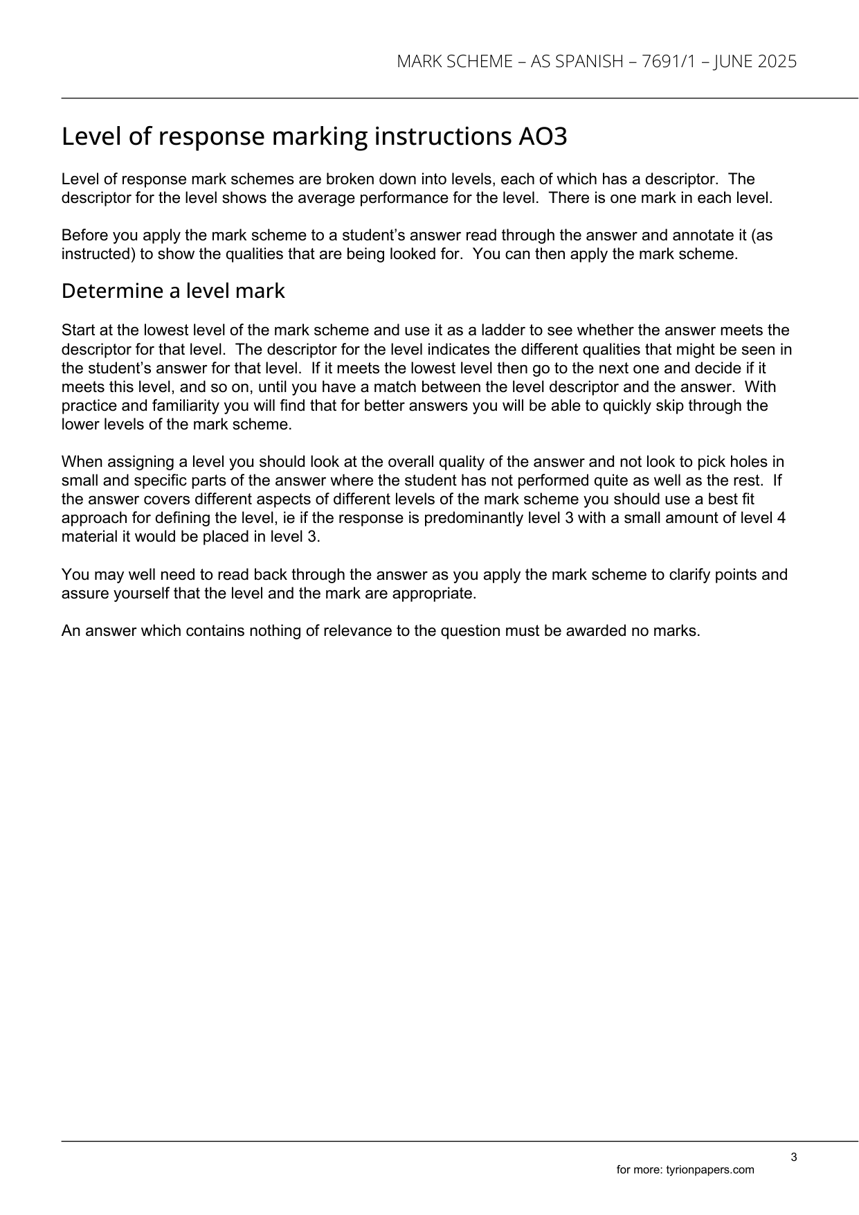 AQA AS Spanish Paper 1 2025 Mark Scheme PDF IMG-3
