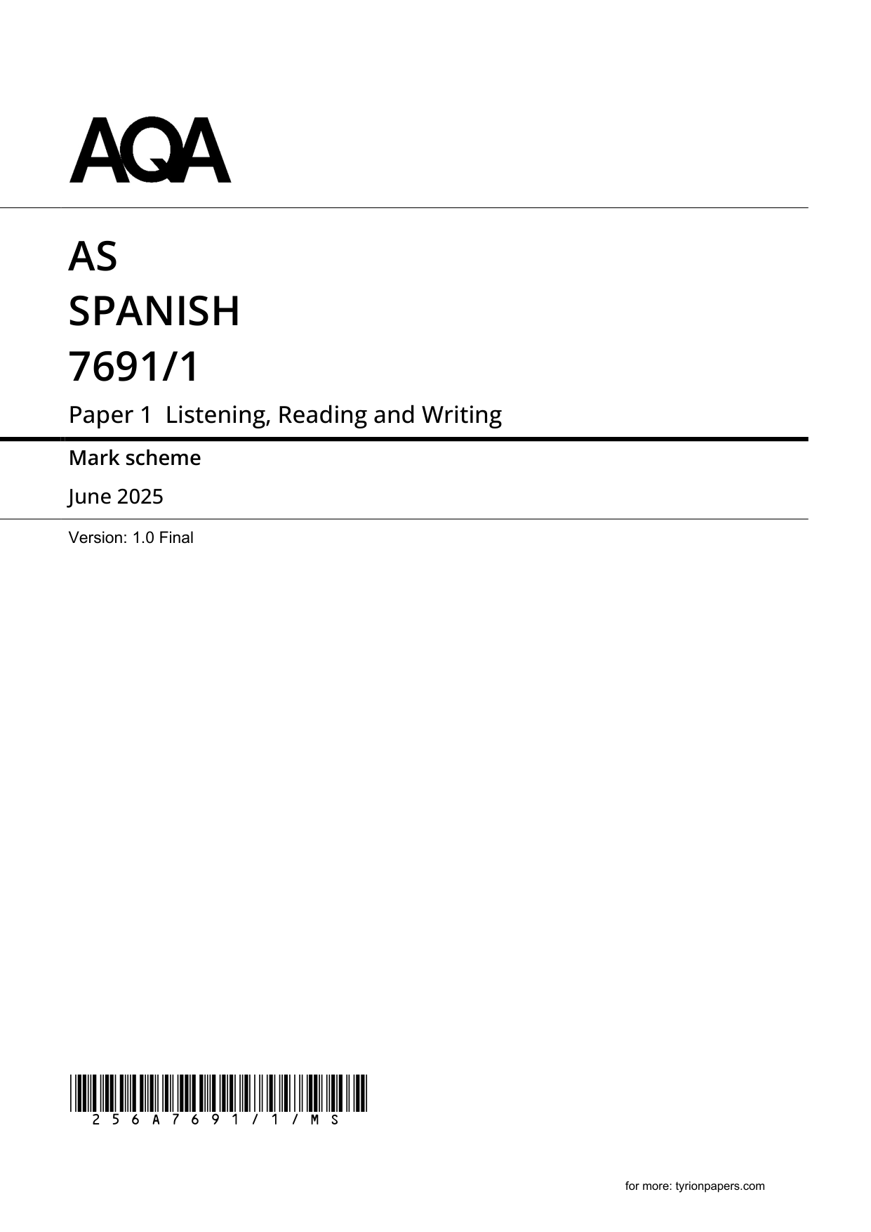 AQA AS Spanish Paper 1 2025 Mark Scheme PDF