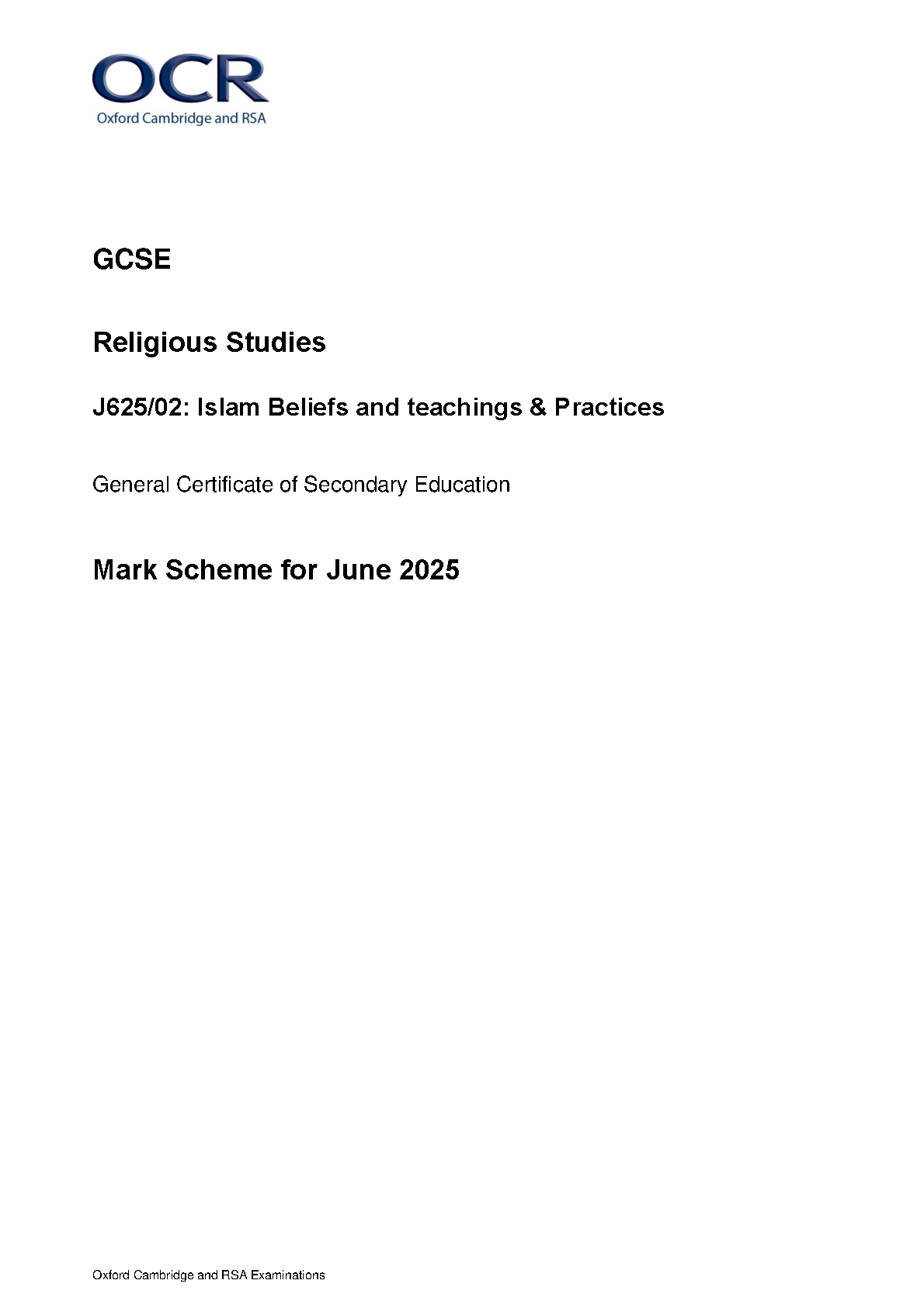OCR GCSE Religious Studies Paper 2 2025 Mark Scheme