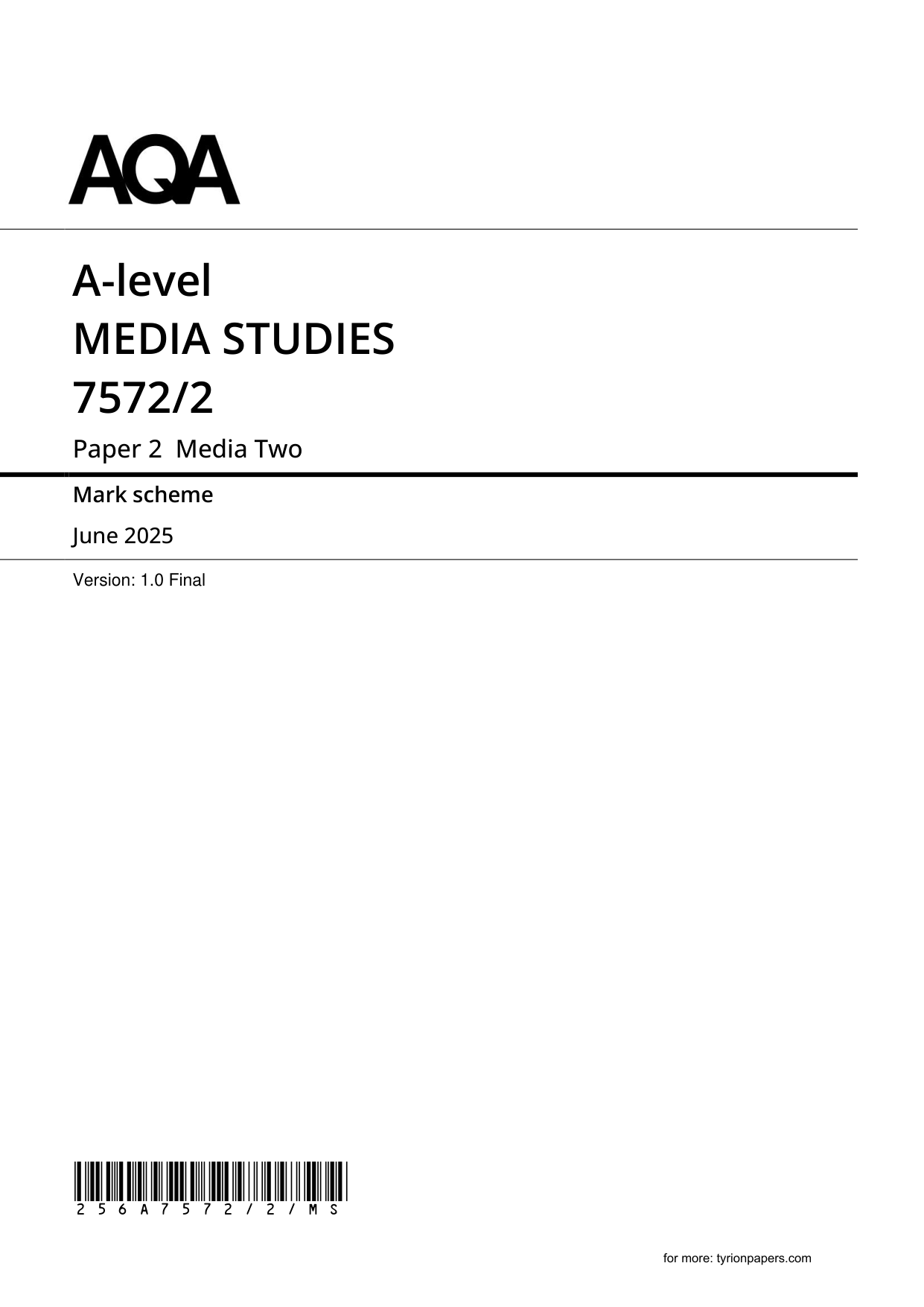 AQA A Level Media Studies Paper 2 2025 Mark Scheme