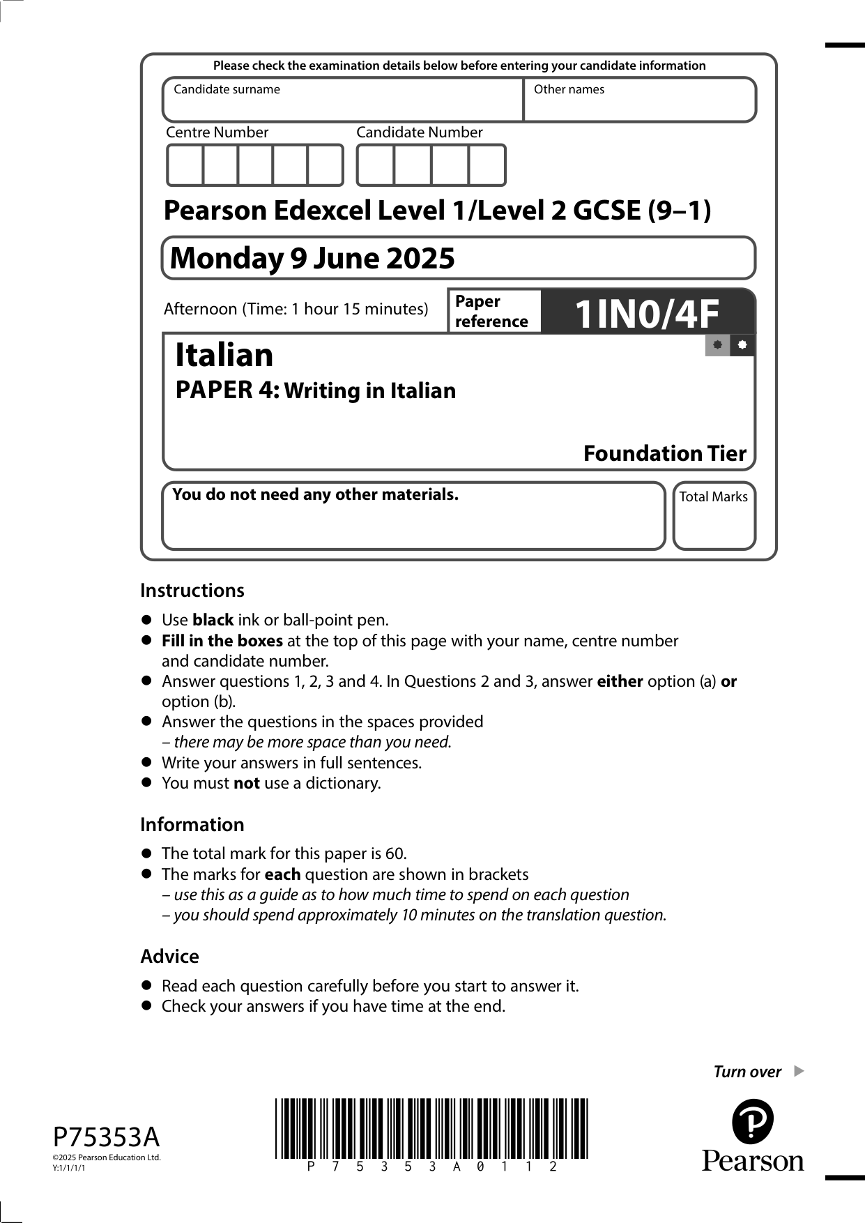 Pearson Edexcel GCSE Italian 2025 Paper 4f Question Paper