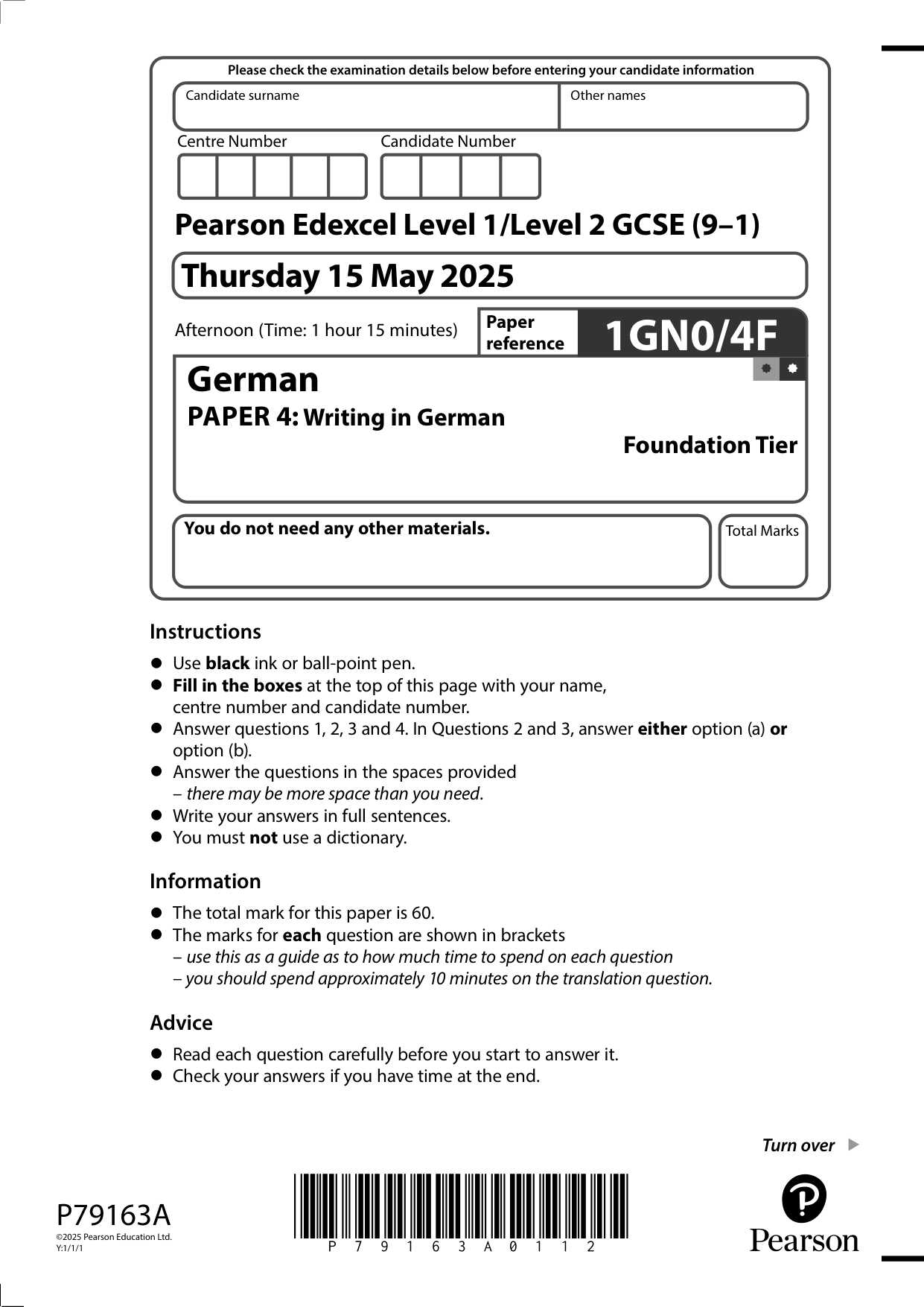 Pearson Edexcel GCSE German Paper 4H 2025 Question Paper PDF