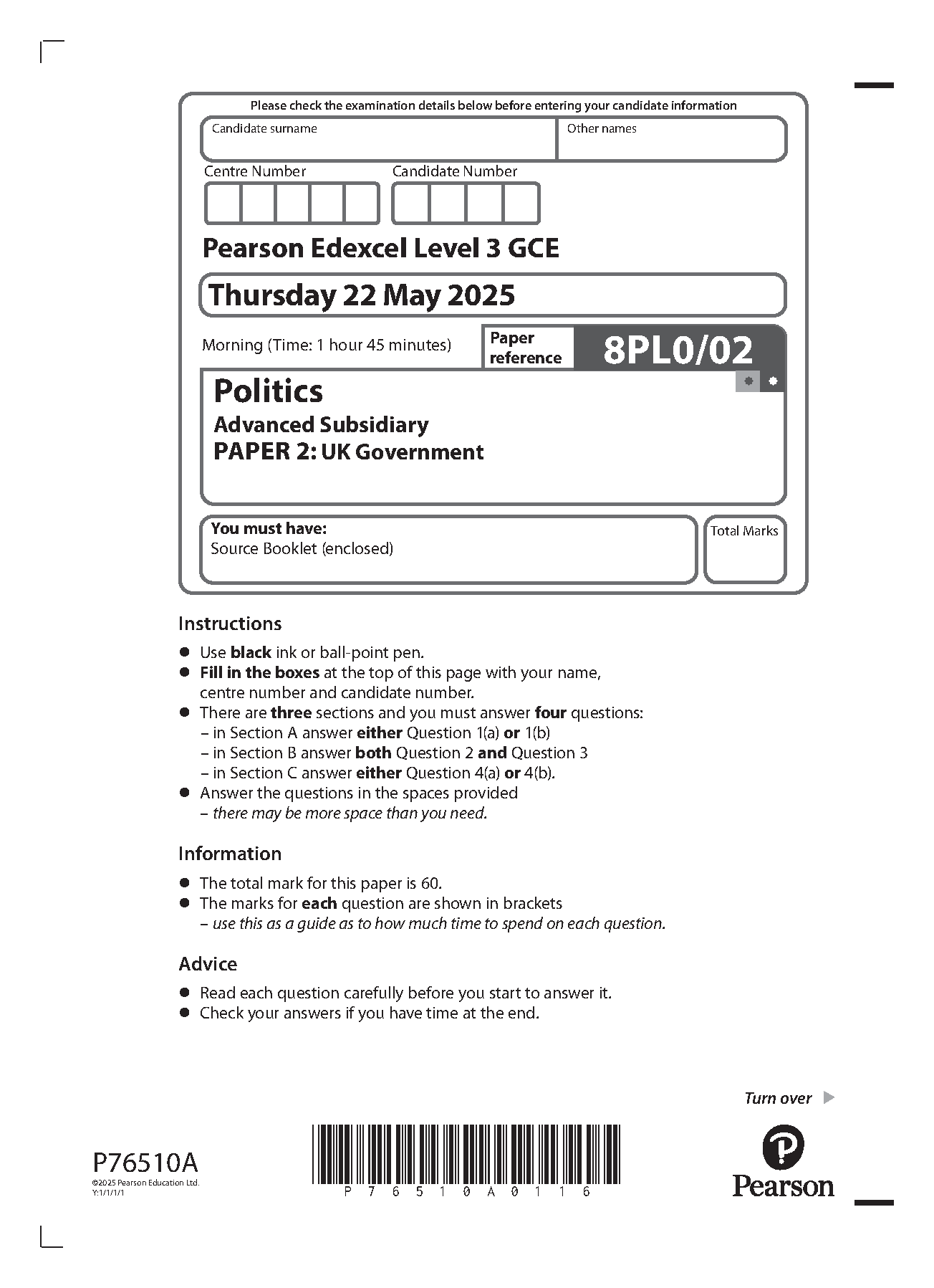 Pearson Edexcel AS Politics Paper 2 2025 QuestionT Paper PDF IMG-1