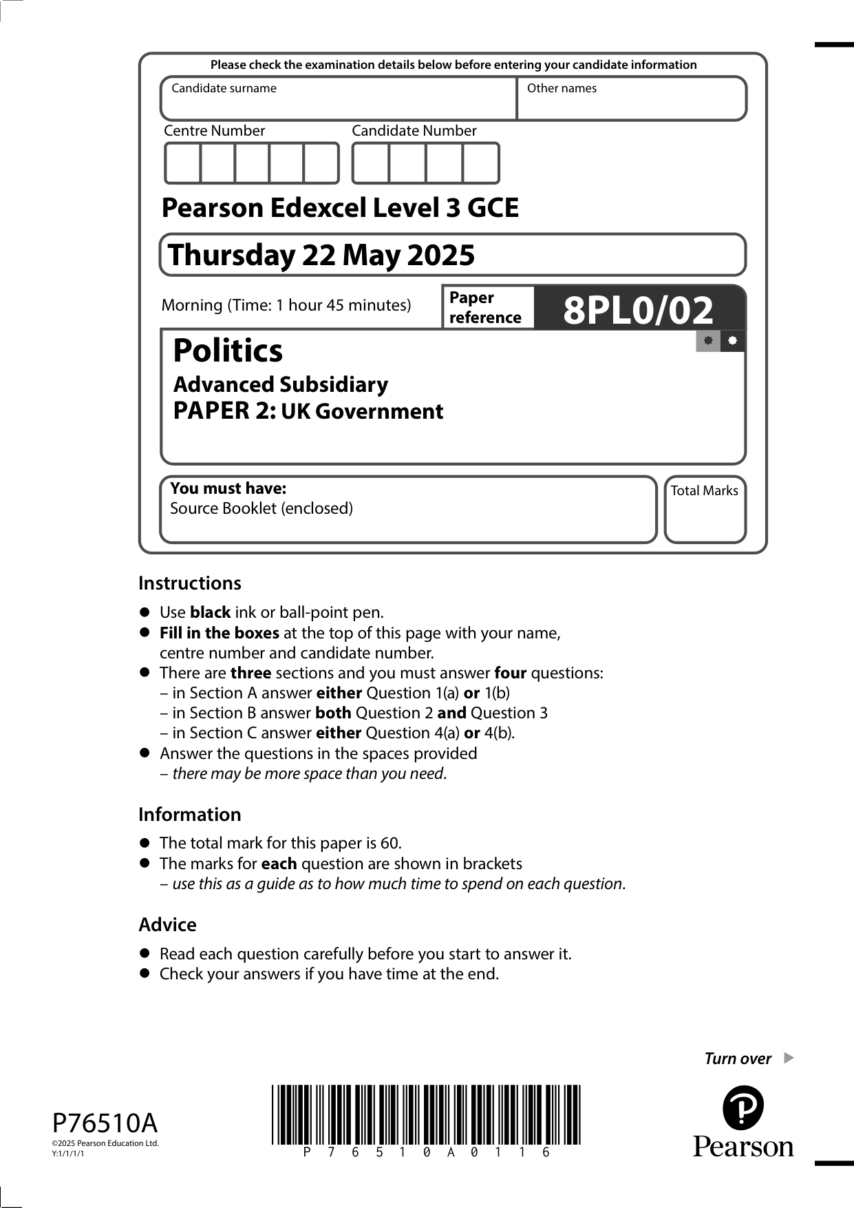 Pearson Edexcel AS Politics Paper 2 2025 QuestionT Paper PDF