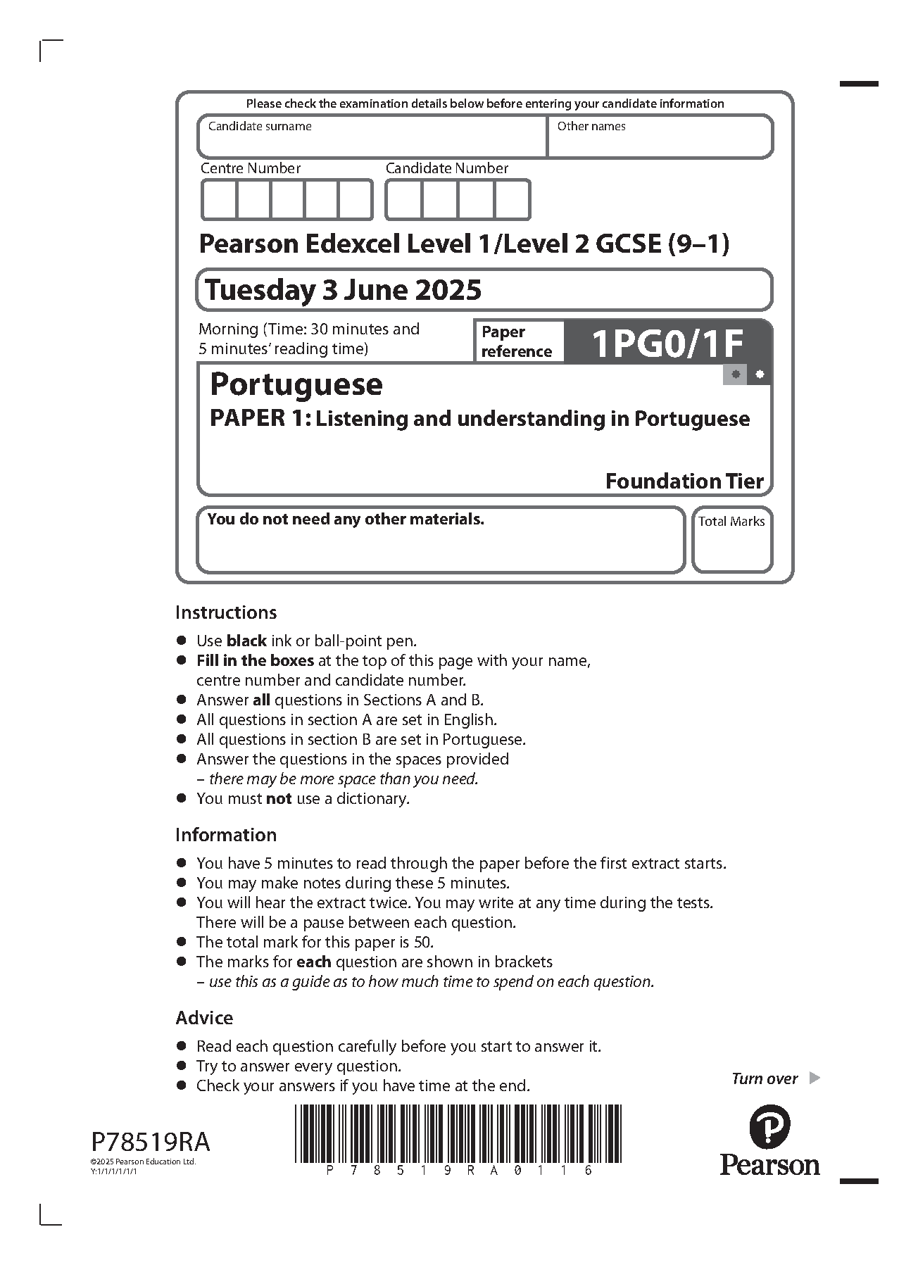Pearson Edexcel GCSE Portuguese Paper 1F 2025 Question Paper IMG-1