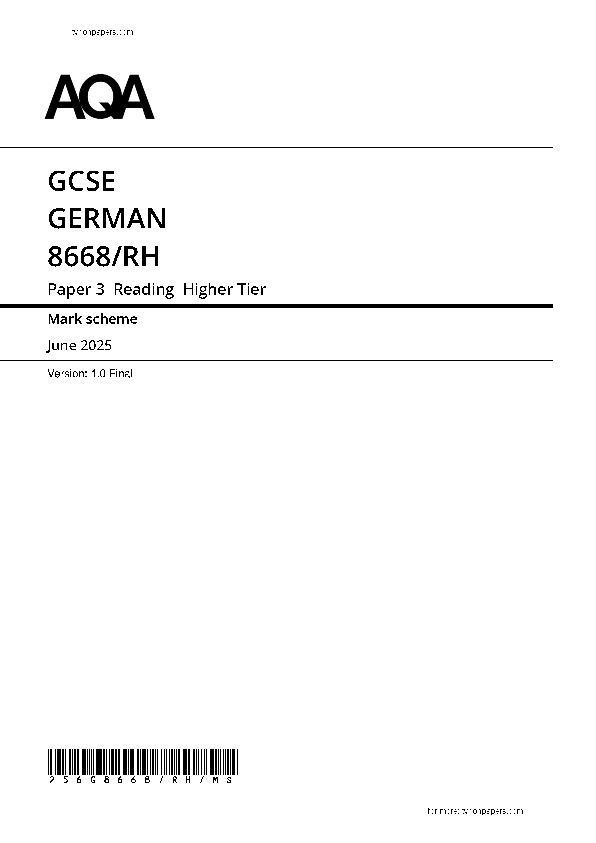 AQA GCSE German Paper 3H 2025 Reading Mark Scheme IMG-1